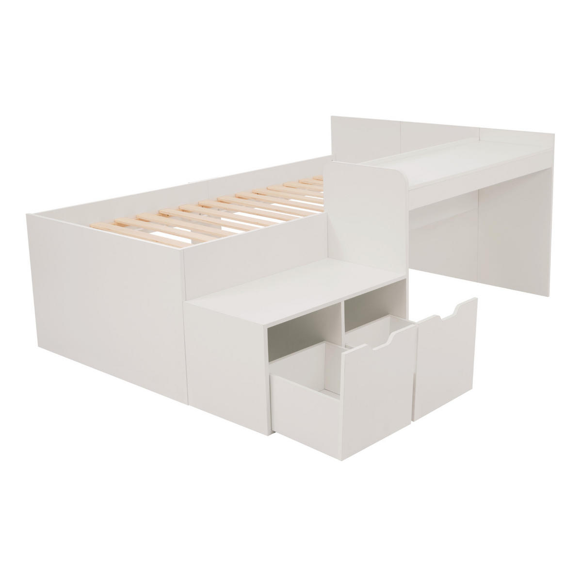 KINDERBETT 90/200 cm mit Schreibtisch und 2 Schubladen aus Massivholz und MDF, platzsparend, Weiß - Weiß, Holzwerkstoff - Redom