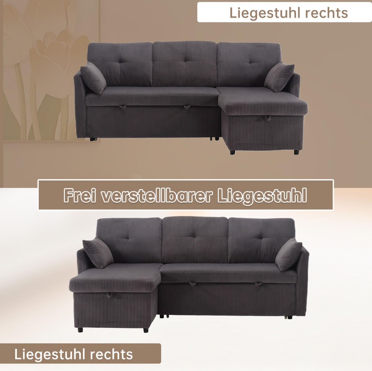 ECKSCHLAFSOFA Cord mit Stauraum und umstellbarer Ottomane Dunkelgrau 206/108/66 cm - Dunkelgrau, Textil (108/206cm) - Redom