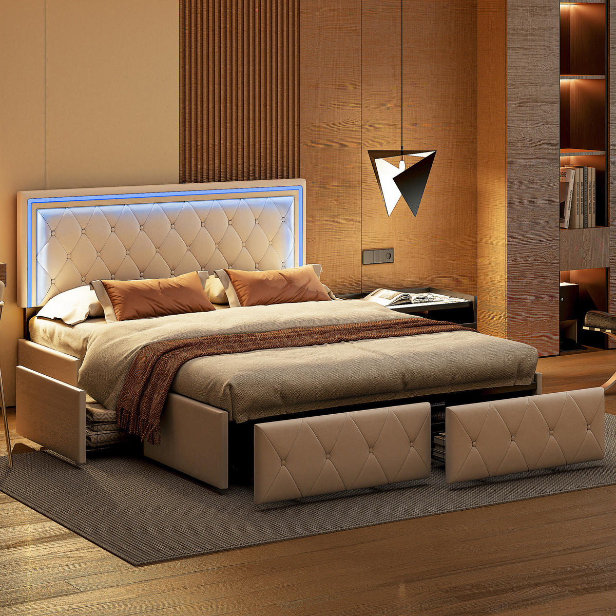 POLSTERBETT 160x200 cm, mit 4 Schubladen, Lattenrost, PU-Beige - Beige, Holzwerkstoff/Textil (160/200cm) - WoodenAura