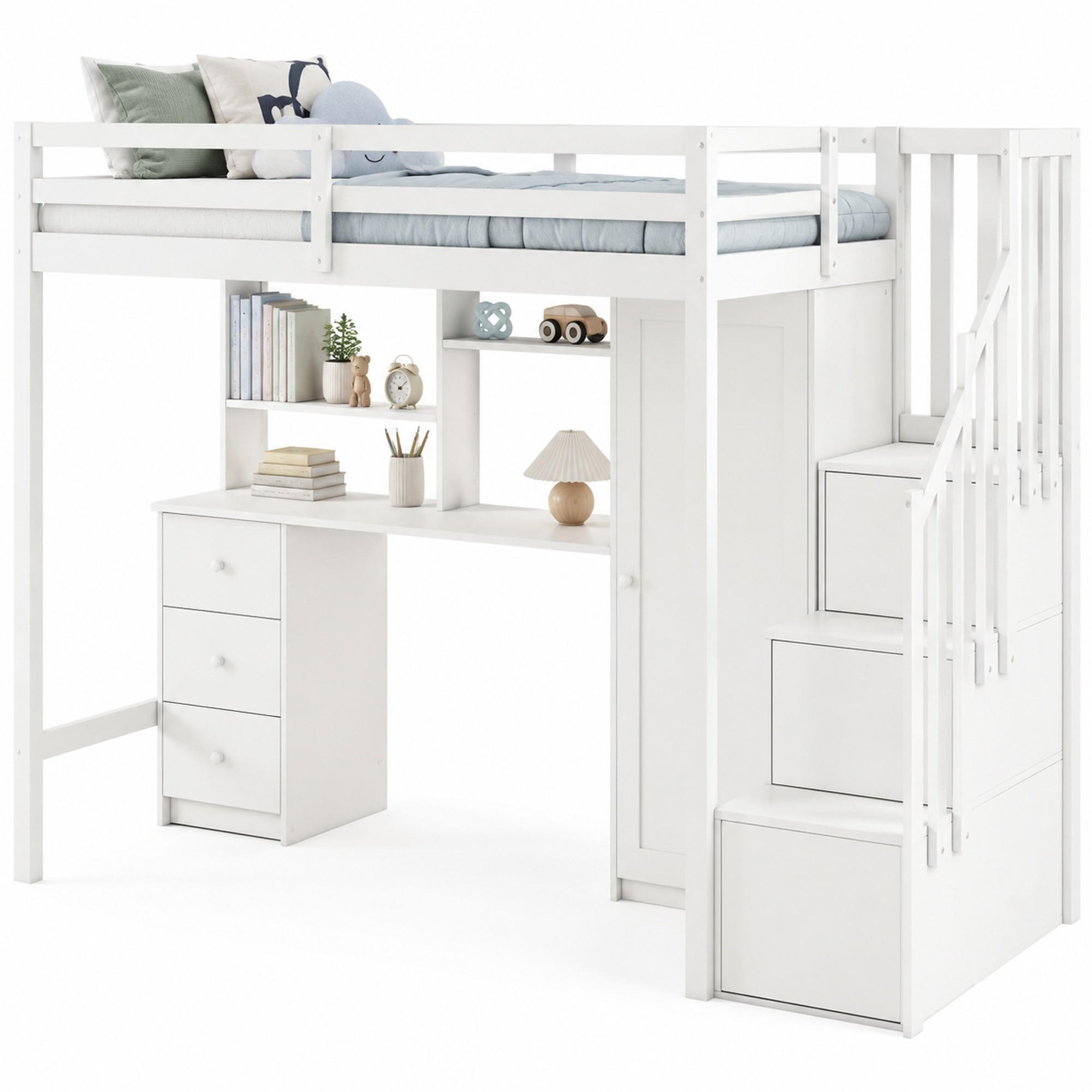 HOCHBETT 90/200 mit Schreibtisch, Kleiderschrank und Treppenschrank in Weiß - Weiß, Holzwerkstoff (90/200cm) - EVRYAE