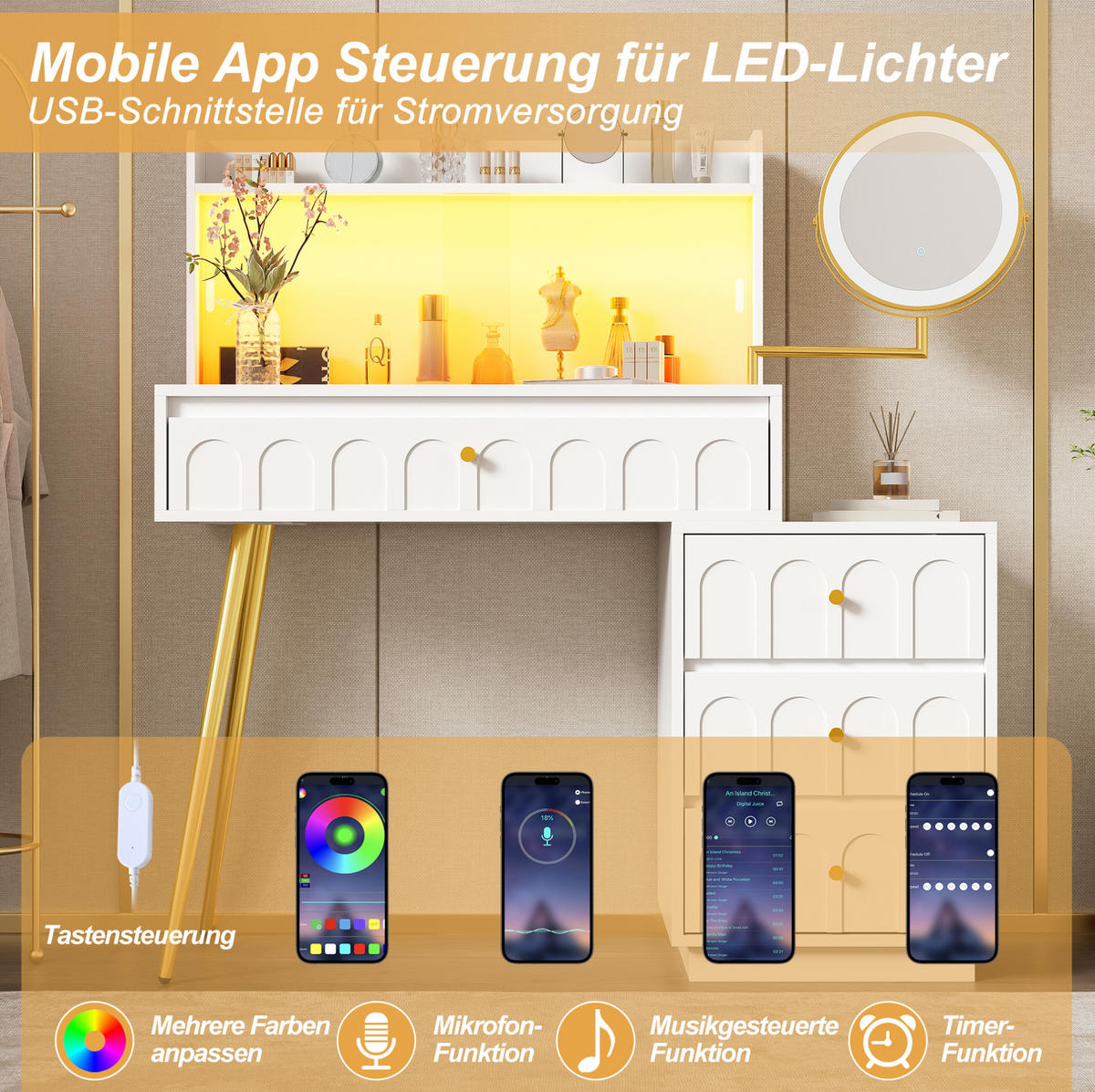 SCHMINKTISCH aus MDF und Spanplatte 34,5x112x116 cm Weiß mit LED-Spiegel, Glasschiebetüren und 4 Schubladen - Weiß, Holzwerkstoff (112/116/34.5cm) - Modfu