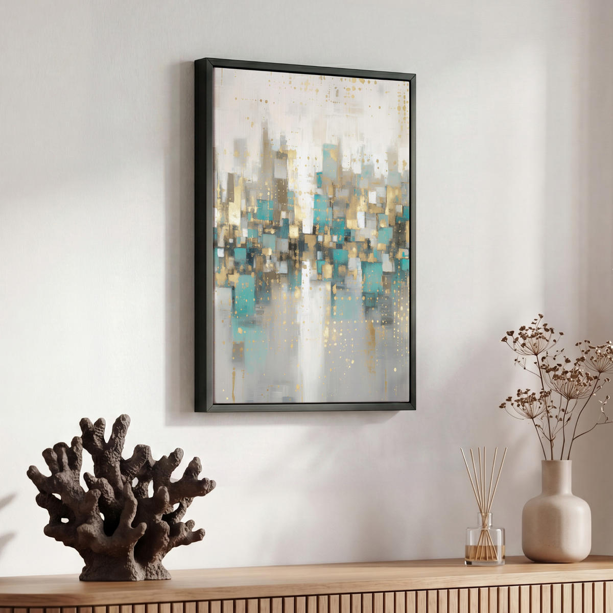 LEINWAND Bilder mit Rahmen - Abstrakt - Blöcke - Gold - Skyline - 30x40 - Beige, Textil (30/40cm) - MuchoWow