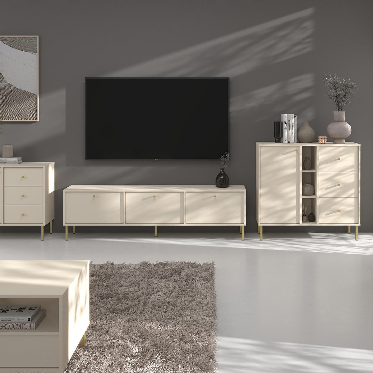 KOMMODE FLOREN, Creme/Gold - Creme, Holzwerkstoff/Metall (100.2/95/40.8cm) - KONSIMO®