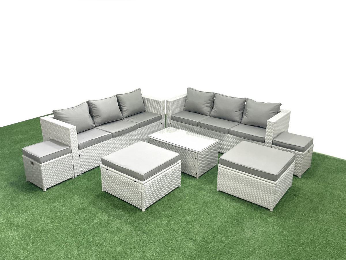 GARTENSET mit 3-SITZER SOFA,COUCHTISCH Polyrattan Hellgrau-Mix 10-Sitzer - Hellgrau/Grau, Glas/Kunststoff - Fimous