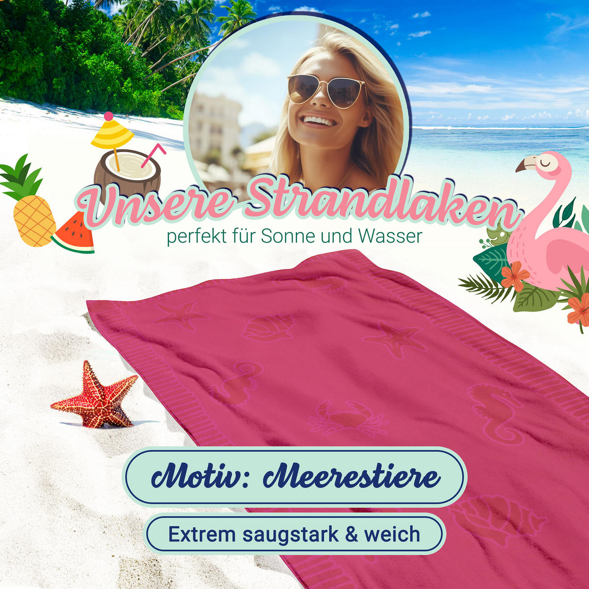 STRANDTUCH, 100x200 cm, 100% Baumwolle, Rot - Pink, Textil (100/200cm) - Zollner