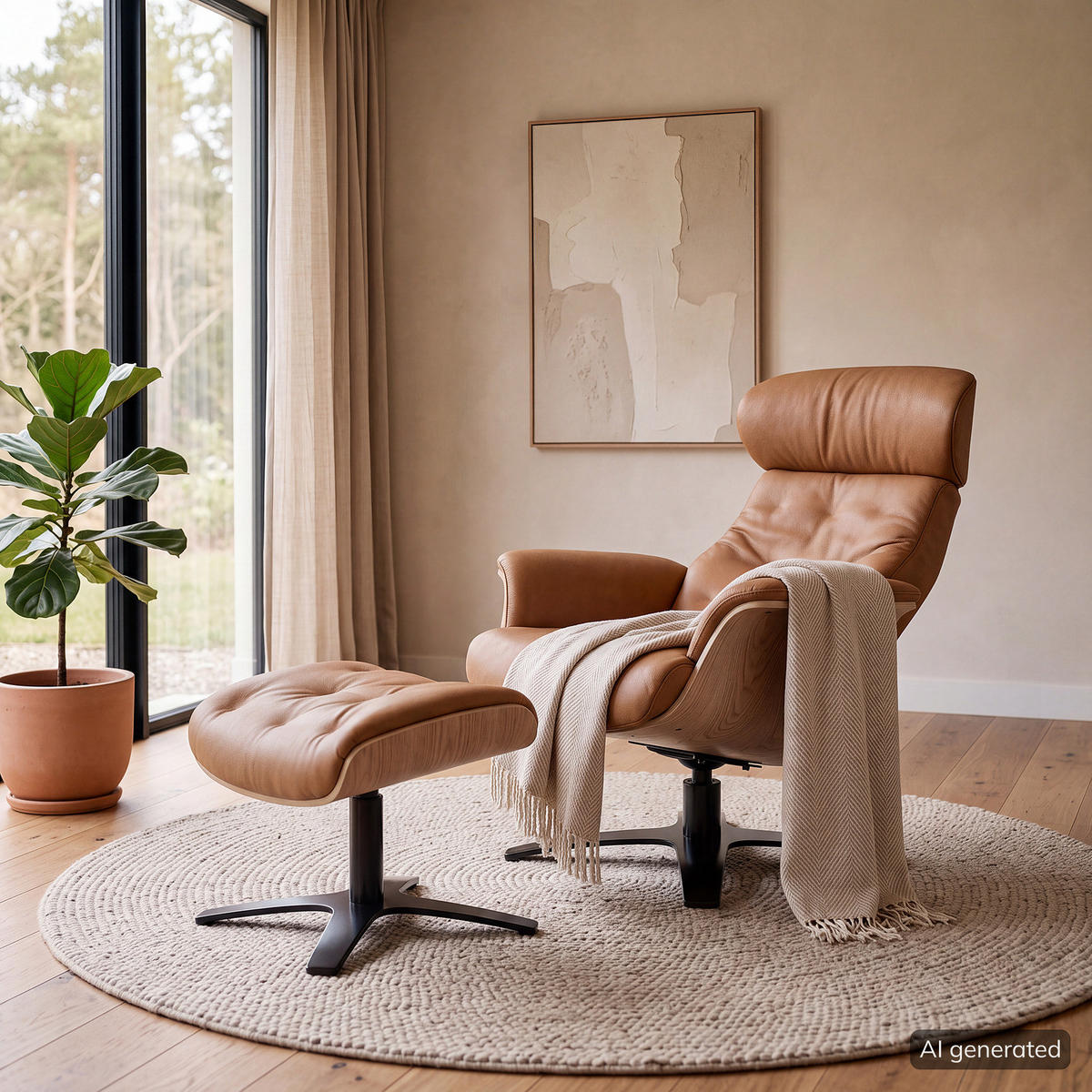 RELAXSESSEL - Cognac/Schwarz, Leder/Holzwerkstoff (79/100/84cm) - home24