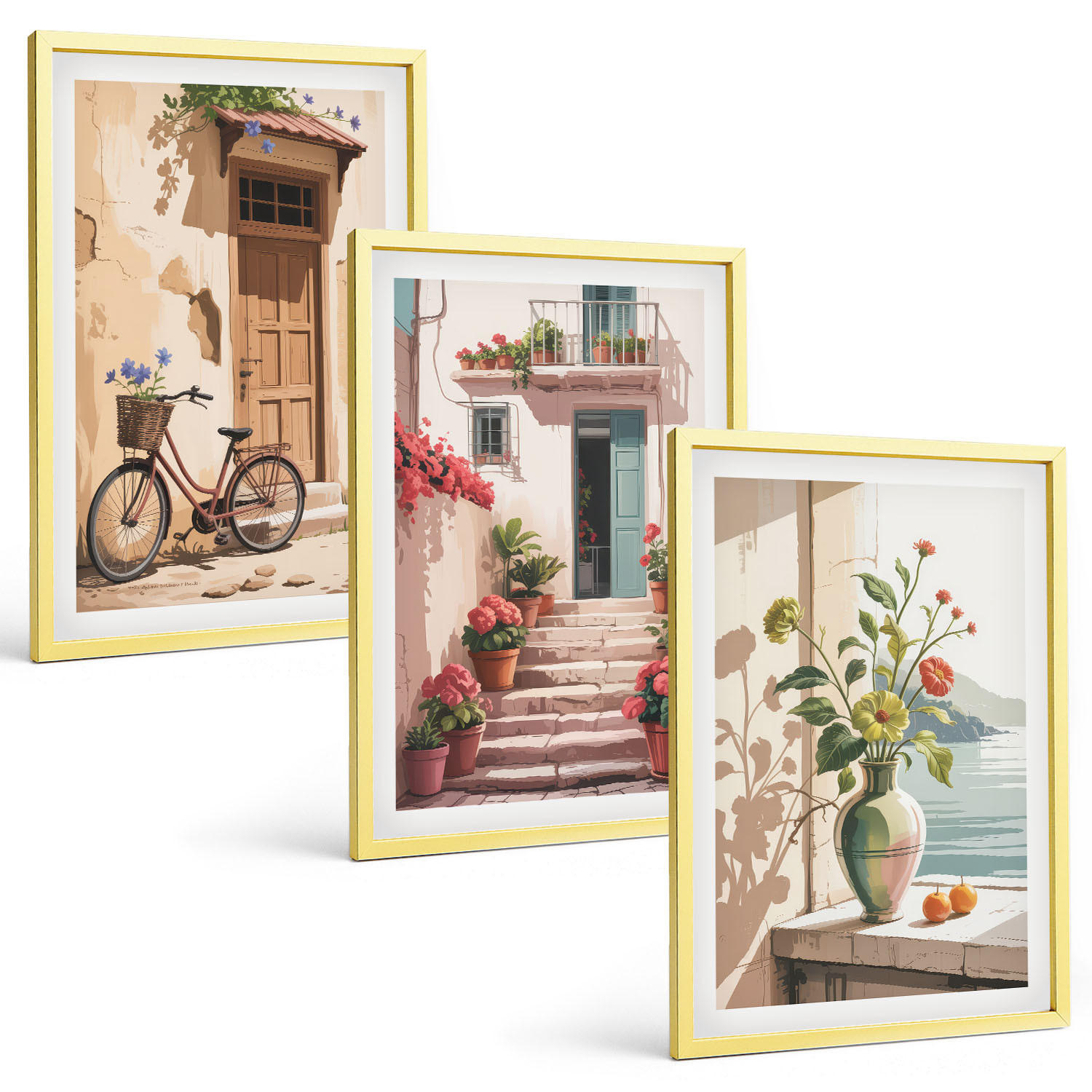 BILDER SET 3er Set - 40x60 cm Goldrahmen - Straßen, Blumen und Fahrräder - Goldfarben, Kunststoff (40/60cm) - TULUP