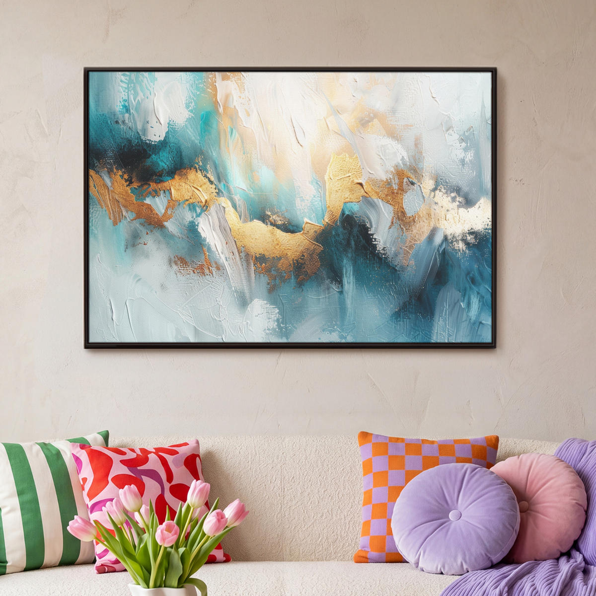 LEINWAND Bilder mit Rahmen - Abstrakt - Kunst - Gold - Blau - 90x60 - Petrol, Textil (90/60cm) - MuchoWow