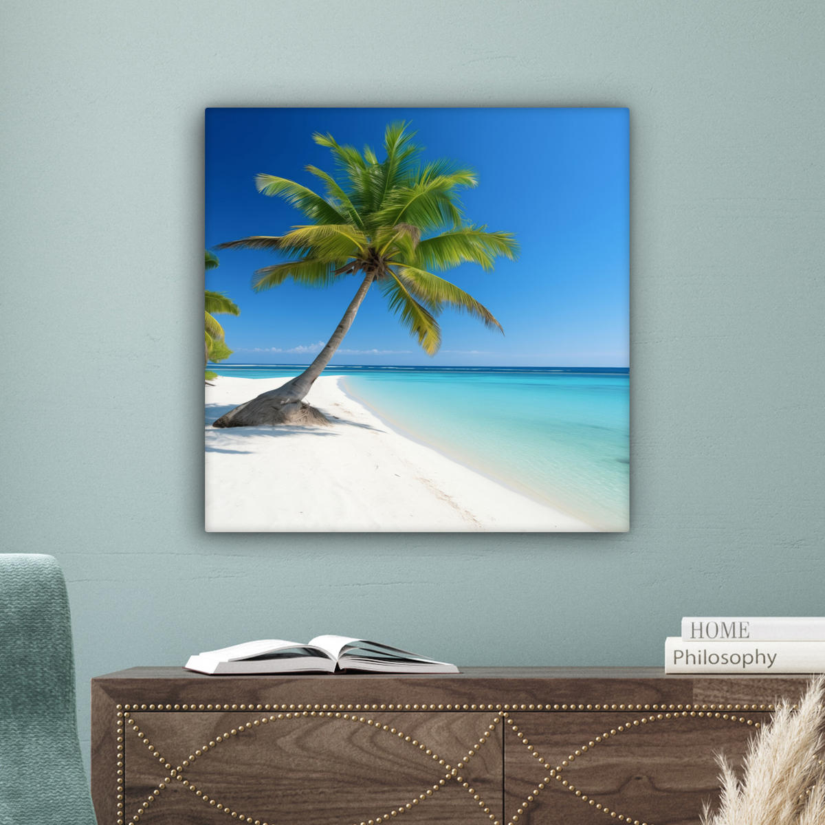 LEINWANDBILD Strand - Palme - Tropisch - Meer Wandbild Wohnzimmer 50x50 cm - Grün, Textil (50/50cm) - MuchoWow