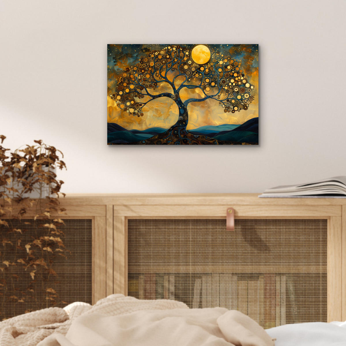 METALLBILD Baum - Mond - Blumen - Gold - Kunst 30x20 cm - Orange, Metall (30/20cm) - MuchoWow