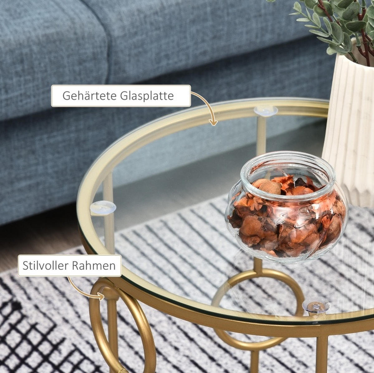 BEISTELLTISCH-SET Ø41/57 und Ø36/51 cm aus Metall mit Glasplatte, ineinanderschiebbar, Gold - Goldfarben, Metall (41/41/57cm) - Redom