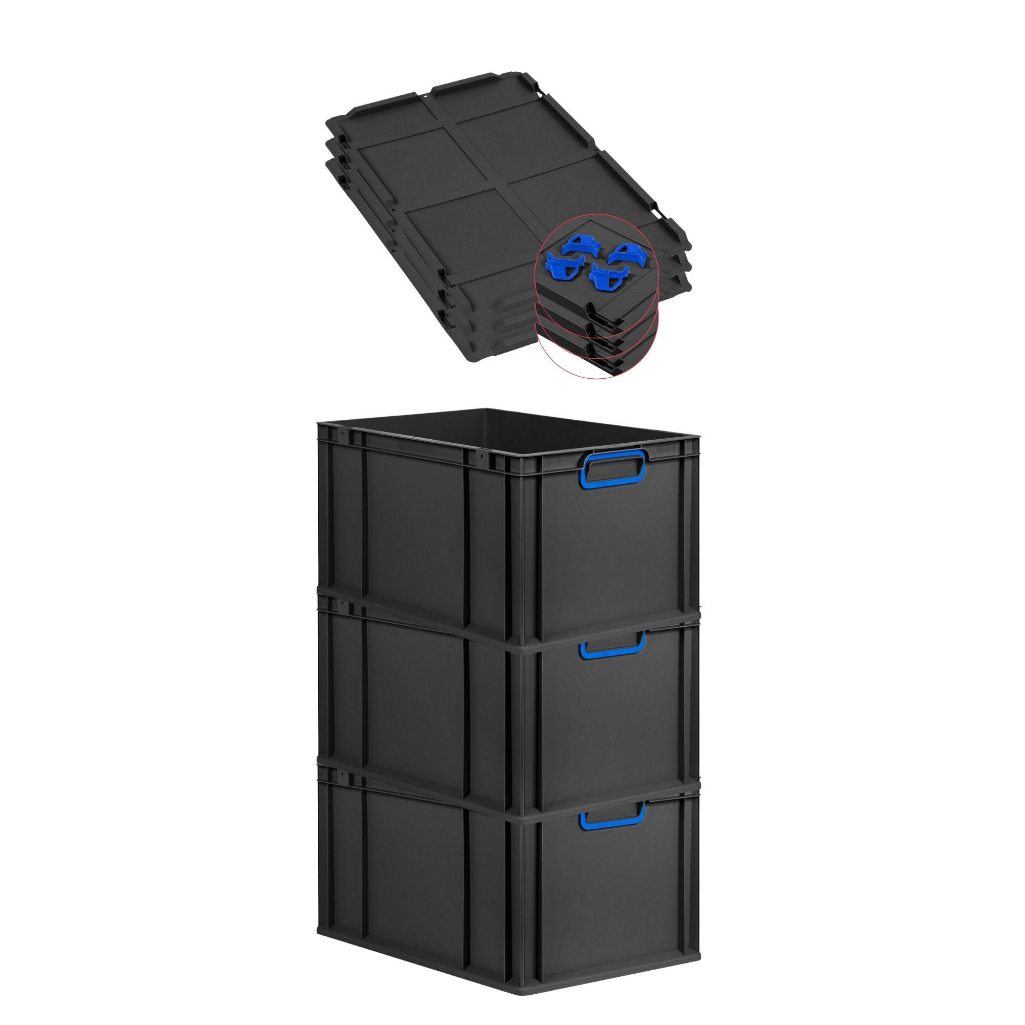 EUROBOX 3x NextGen Color mit Auflagedeckel 32x40x60 cm 65 Liter Schwarz Griffe blau zu - Blau/Schwarz, Kunststoff (40/32/60cm) - PROREGAL