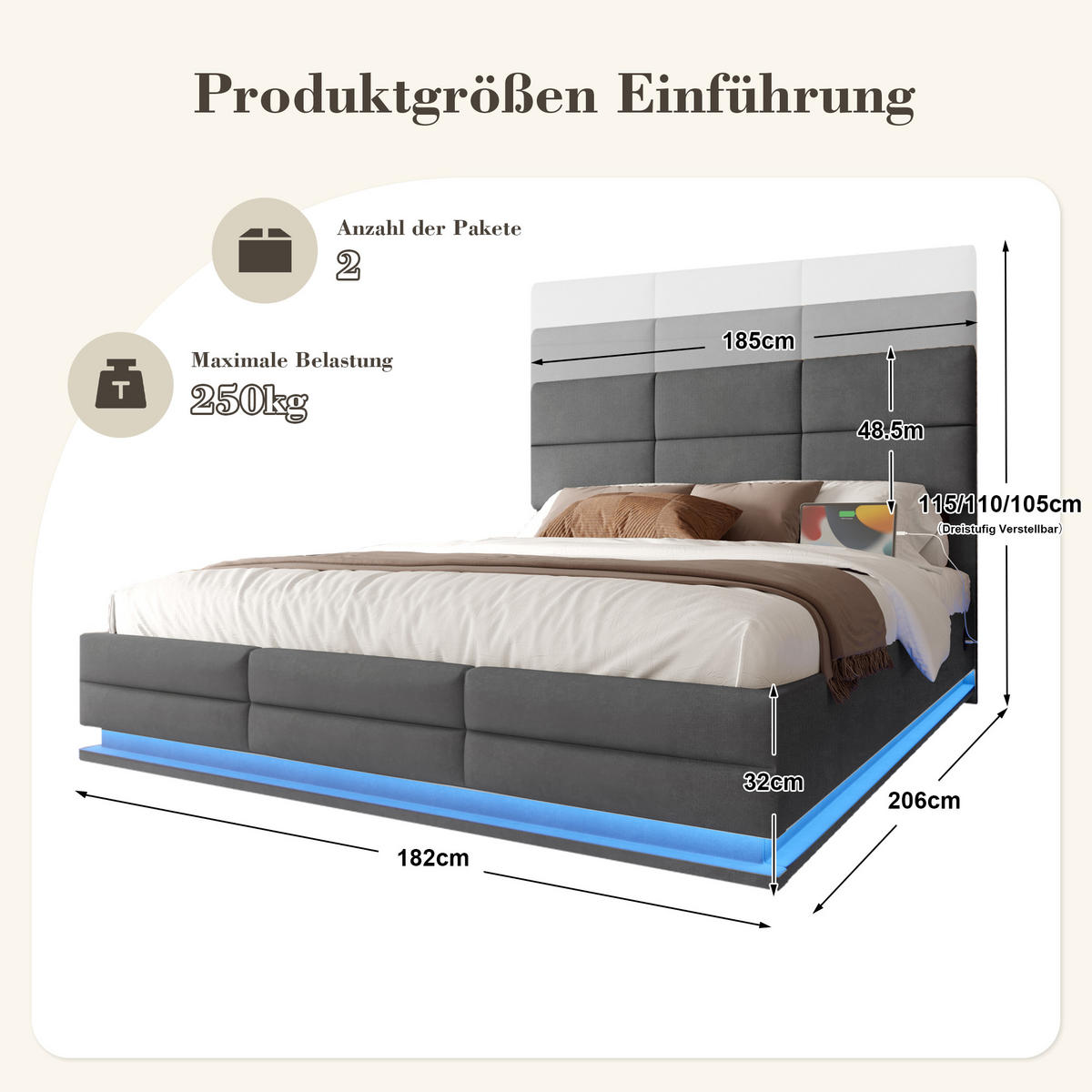 POLSTERBETT 180x200 cm LED USB Samt grau - Dunkelgrau, Textil (180/200cm) - LEBENLANG