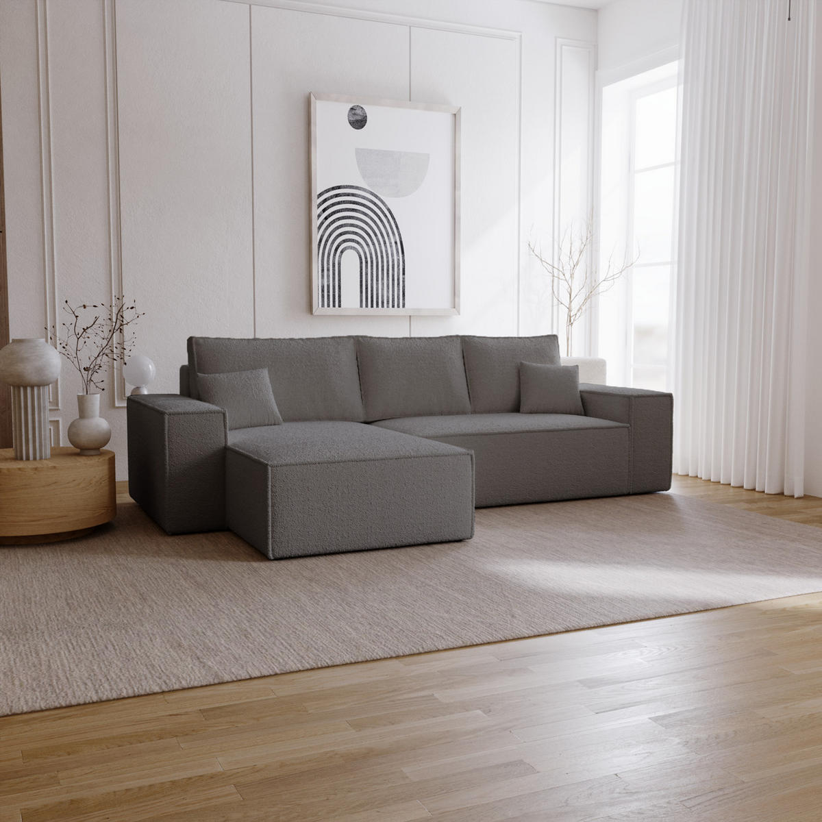 ECKSOFA Bouclé 280 cm Bergamo L mit Bettkasten, Schlaffunktion, Links - Dunkelgrau - Dunkelgrau, Holz (277/189cm) - Emporius