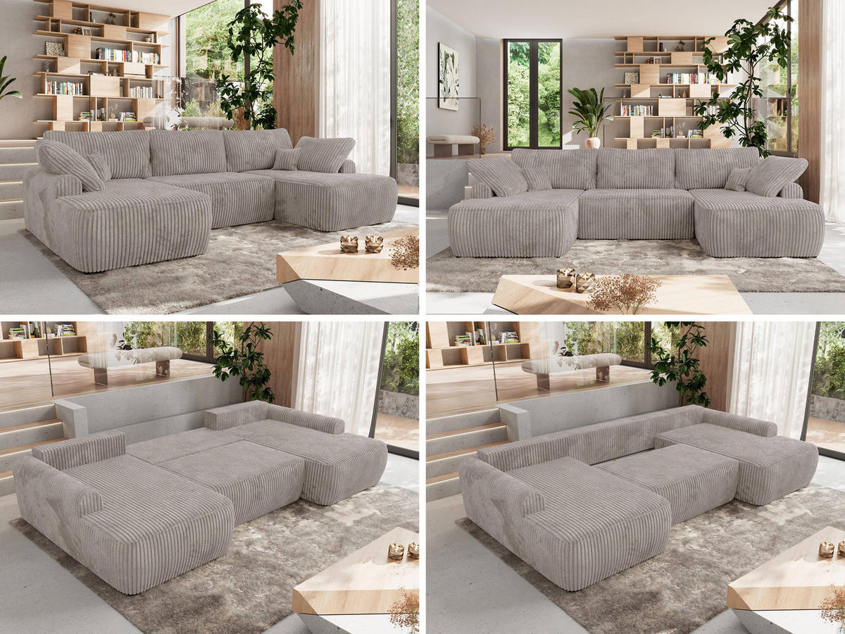 WOHNLANDSCHAFT CUBO U Hellbraun Cord - Hellbraun/Schwarz, Kunststoff/Textil (370/100/187cm) - MKS