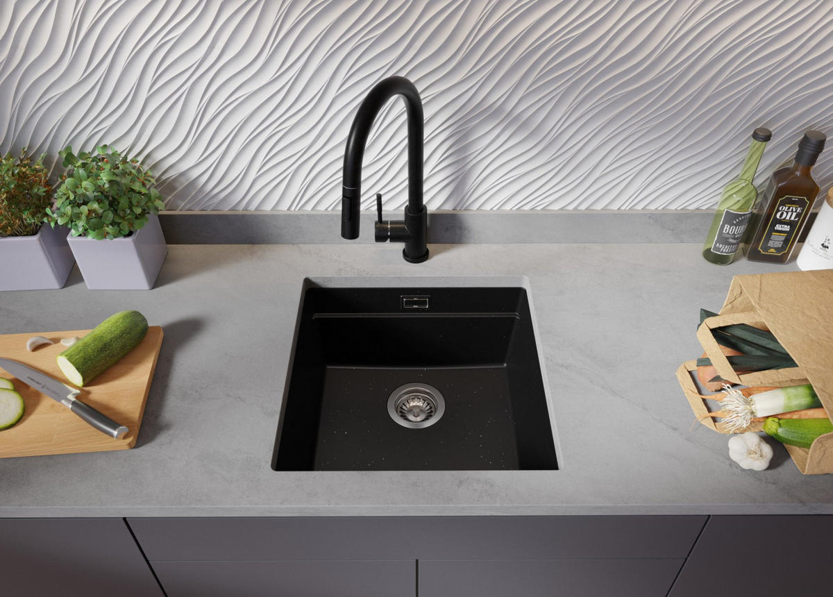 UNTERBAUSPÜLE GRANIT Praga, 2-er set Schwarz Metallic 46/47 cm 1 Becken + Ablauf-Set + Aufrollbare Abtropffläche ab 50er Unterschrank - Chromfarben/Schwarz Hochglanz, Kunststoff (46/20/47cm) - Primagran