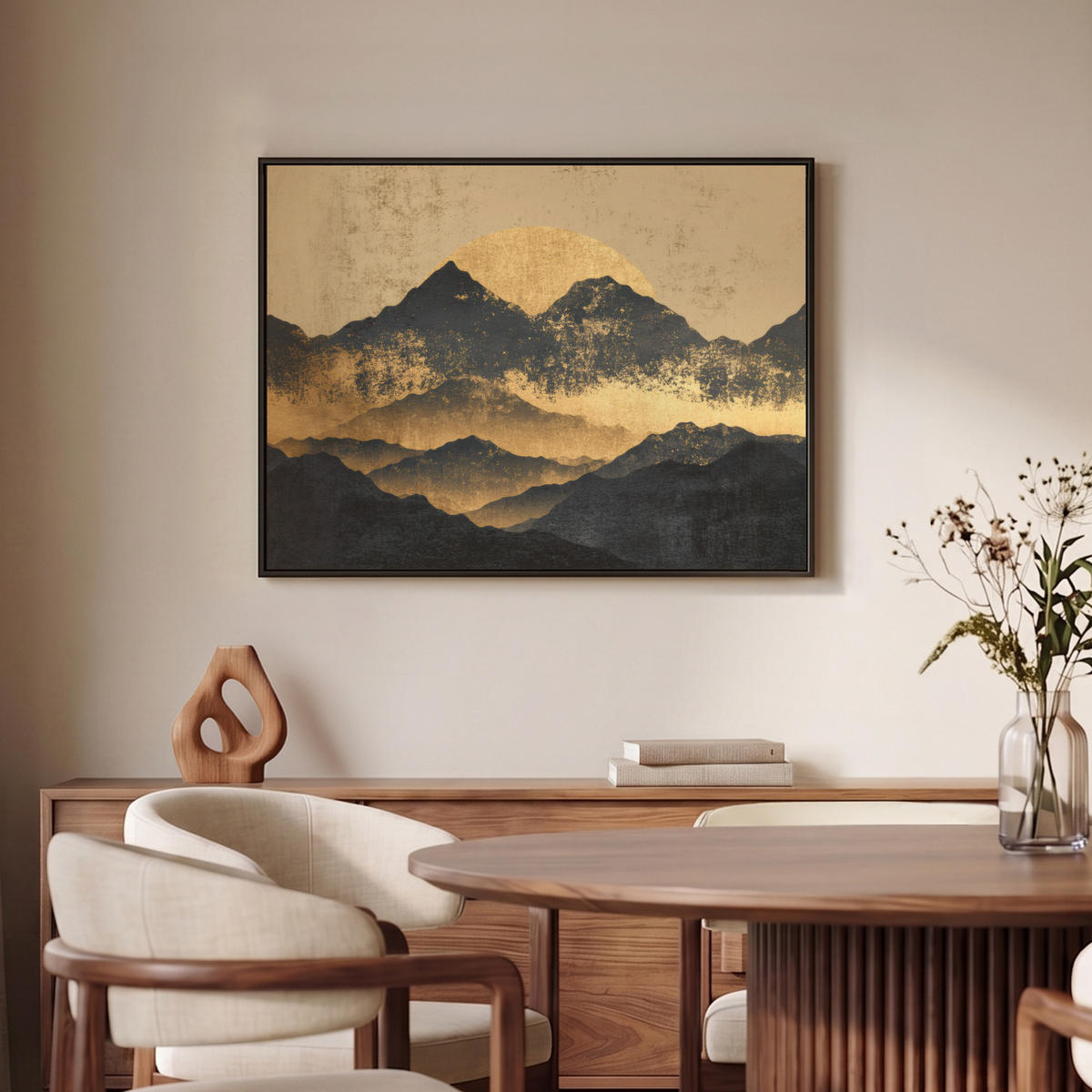 LEINWAND Bilder mit Rahmen - Goldene Berge bei Mondschein - 70x50 - Goldfarben, Textil (70/50cm) - MuchoWow