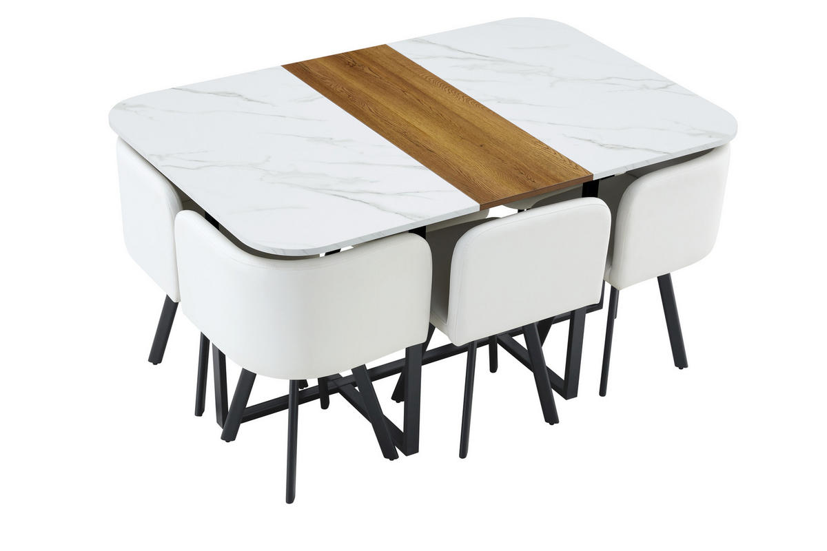ESSGRUPPE DE-39498 ausziehbar, mit 4 Stühlen und Metallrahmen Weiß/Schwarz - Weiß, Holzwerkstoff (150/79/100cm) - ComfortXL