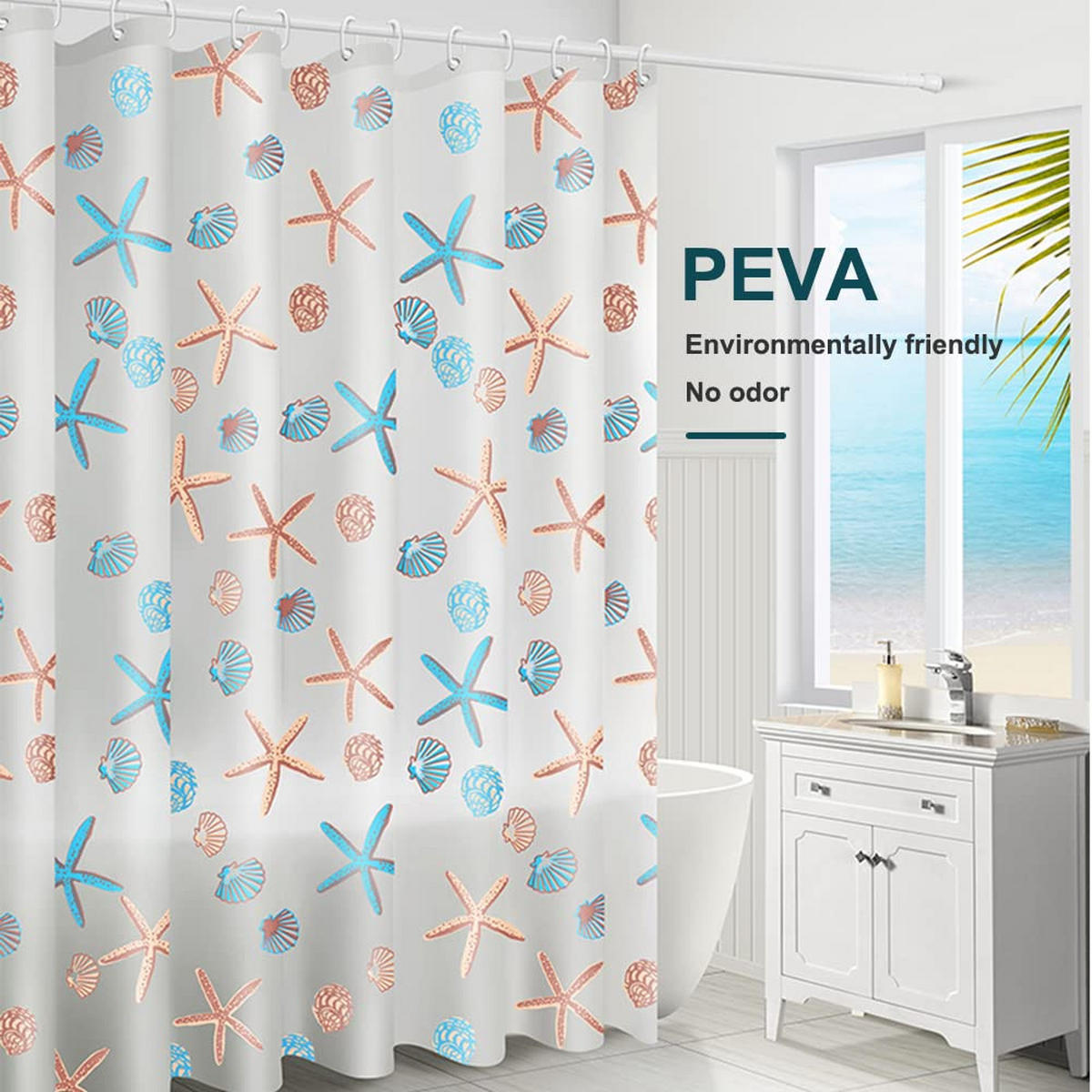 DUSCHVORHANG PEVA 180 x 180 cm Sterne Meer Muster mit Haken - Multicolor, Kunststoff (180/180cm) - MCBOSON