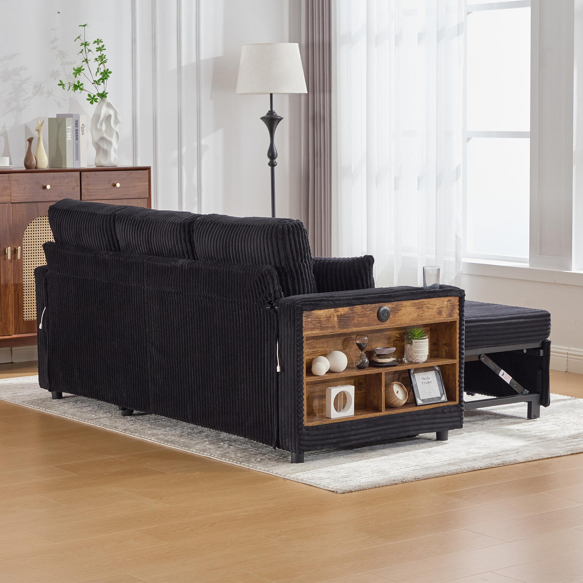 SCHLAFSOFA Cord Schwarz mit Stauraum, Schlaffunktion und LED - Schwarz, Holzwerkstoff/Textil (196/85/144cm) - WISHDOR