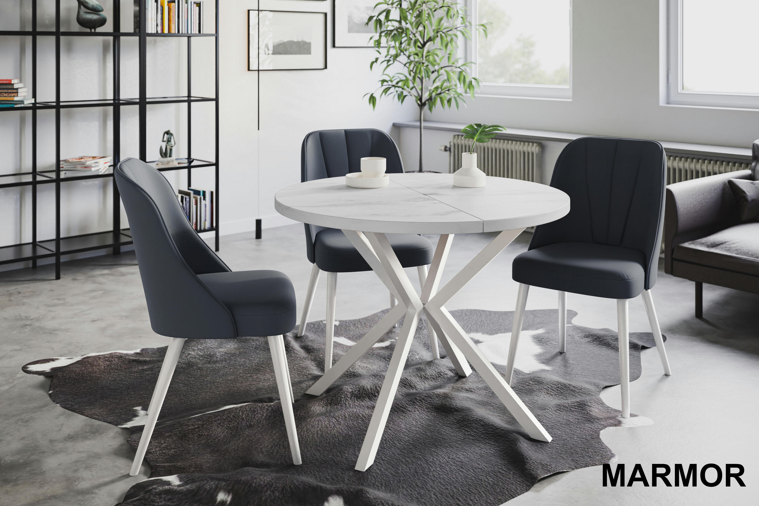 ESSZIMMERTISCH LOFT LITEN, ausziehbarer Tisch 120 cm/200 cm, Farbe: Marmur, mit Metallbeinen in Farbe Weiß - Hellgrau/Weiß, Holzwerkstoff (120/120/76cm) - Alpi-Möbel