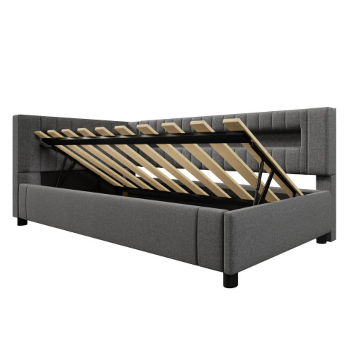 KINDERBETT 90×200 cm aus Leinen-Stoff mit LED-Beleuchtung und USB-C-Anschluss, grau - Grau, Textil (90/200cm) - Luhomfu