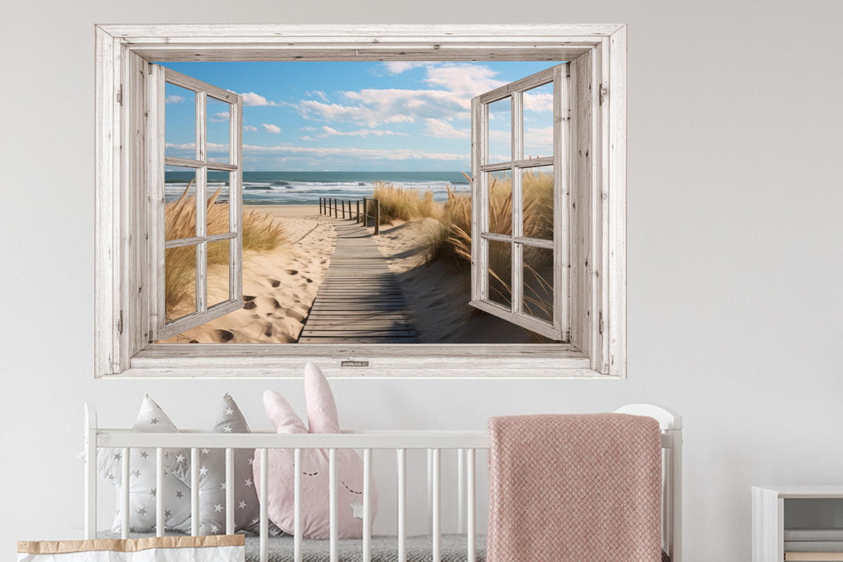WANDTATTOO Fenster - Meer - Küste - Natur - Ausblick - Strand - Wattenmeer 120x80 cm - Beige, Kunststoff (120/80/0.1cm) - MuchoWow