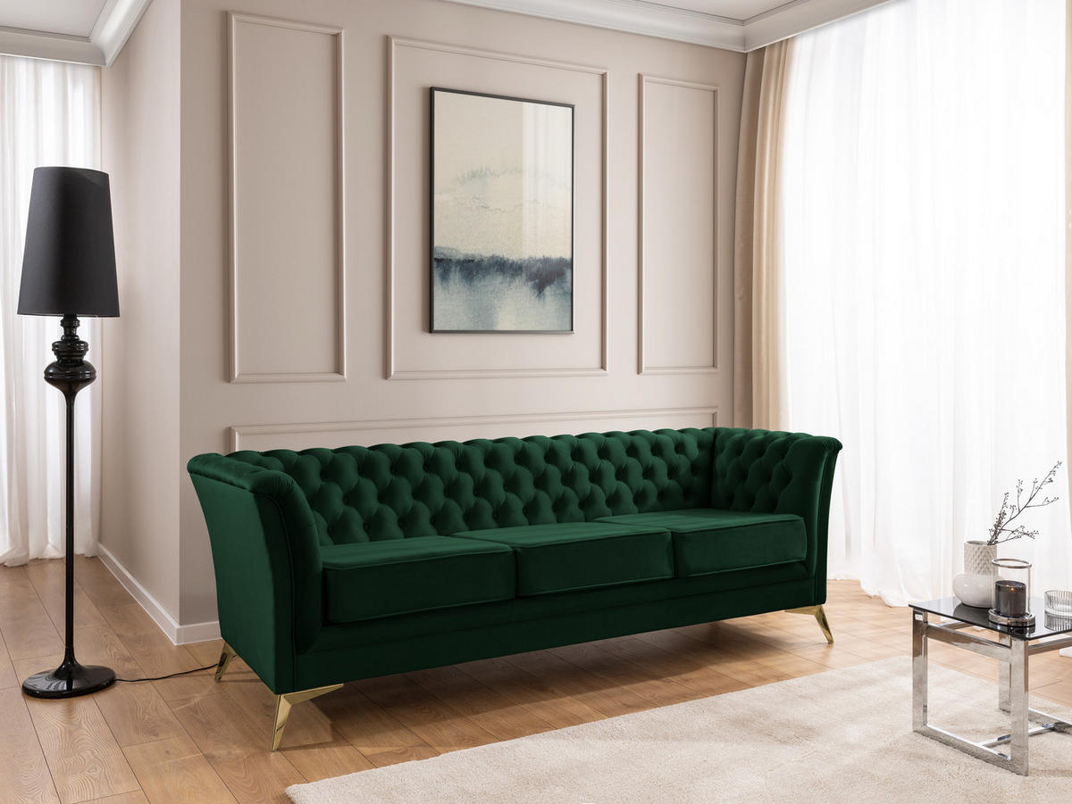 CHESTERFIELD-SOFA 3-sitzer Whitby Flaschengrün Samt mit goldenen Füßen - Dunkelgrün/Goldfarben, Holz/Textil (237/78/82cm) - S-Style Möbel