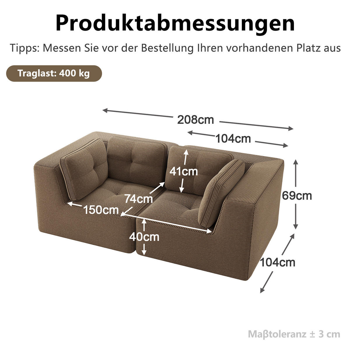 2-SITZER-SOFA DE-34220 modular Braun - Braun, Textil (104/69/208cm) - ComfortXL