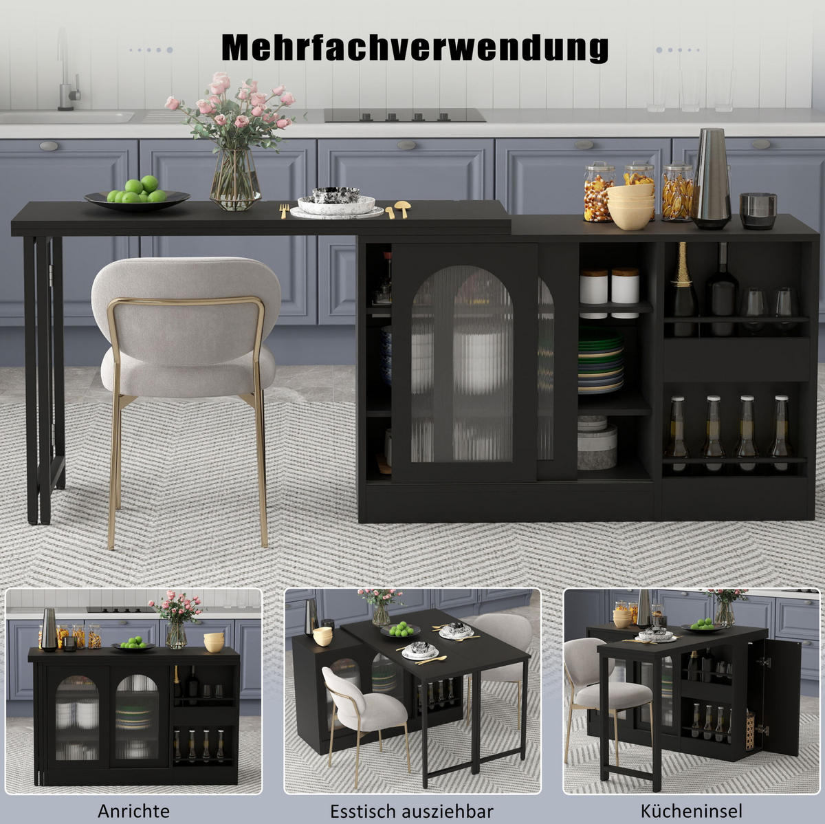 KÜCHENINSEL aus MDF 121.5x40x76.7 cm Schwarz mit 360° Drehplatte & Stauraum - Schwarz, Holzwerkstoff (121.5/76.7/40cm) - Modfu