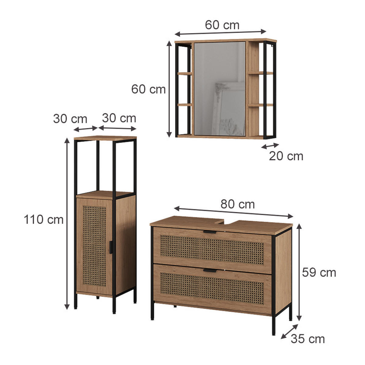 BADMÖBEL-SET Linara, Eiche, 3er Set - Eichefarben, Holzwerkstoff (80/59/35cm) - Vicco