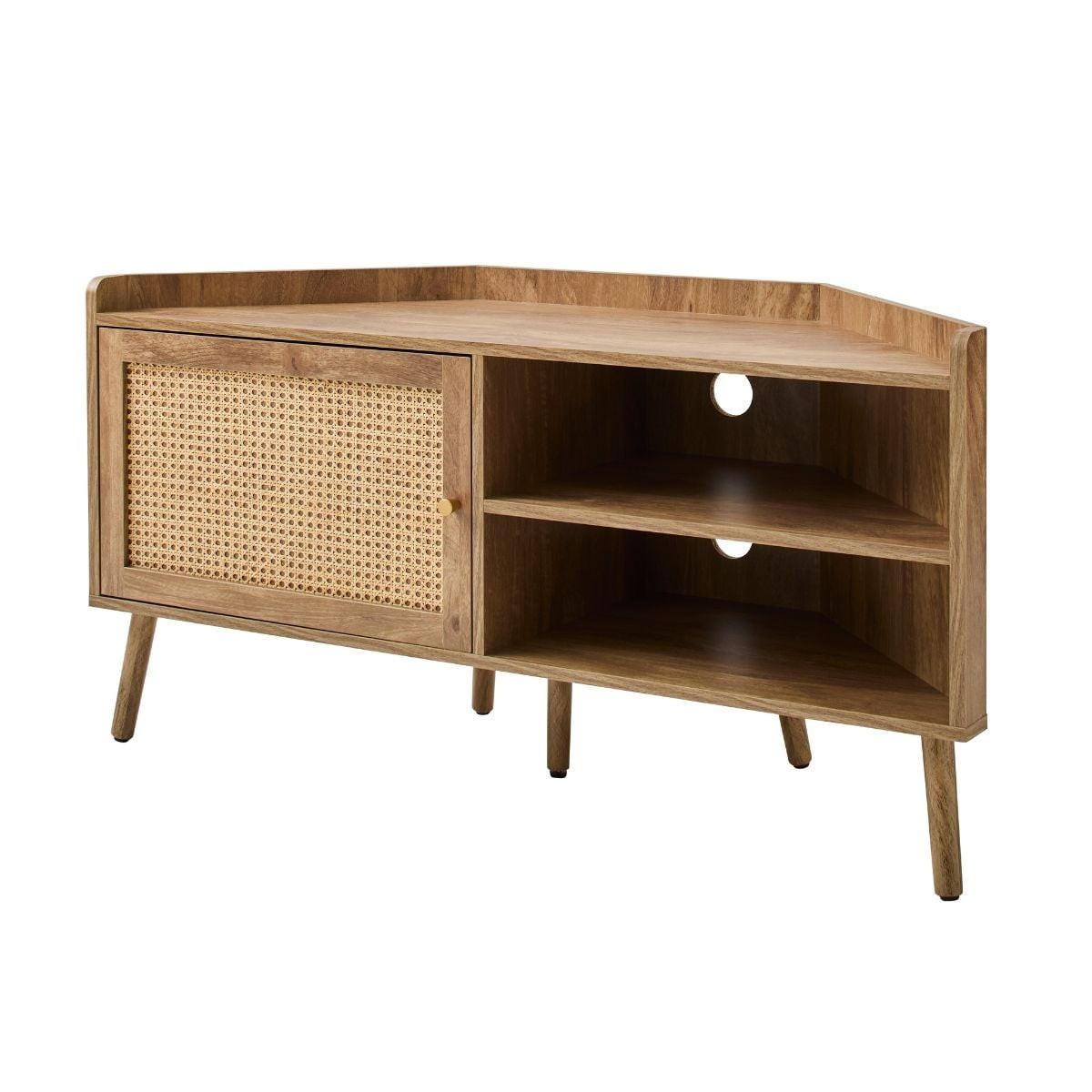 ECK-TV-MÖBEL mit 1 Tür und Rattanfront sowie 2 offenen Fächern, L120 cm 40/120/60 cm - Eschefarben, Holzwerkstoff (40/60/48.5cm) - Calicosy
