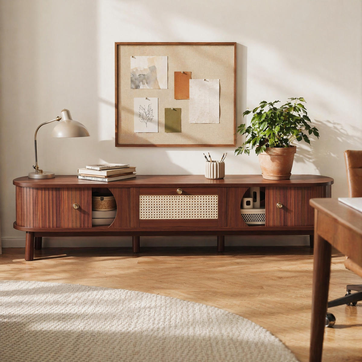 TV komoda 170/39,5/38 cm s vratima od prirodnog drva i ladicama od ratana u boji oraha - boje hrasta/prirodne boje, drvni materijal (170/38/39.5cm) - CHICFURN