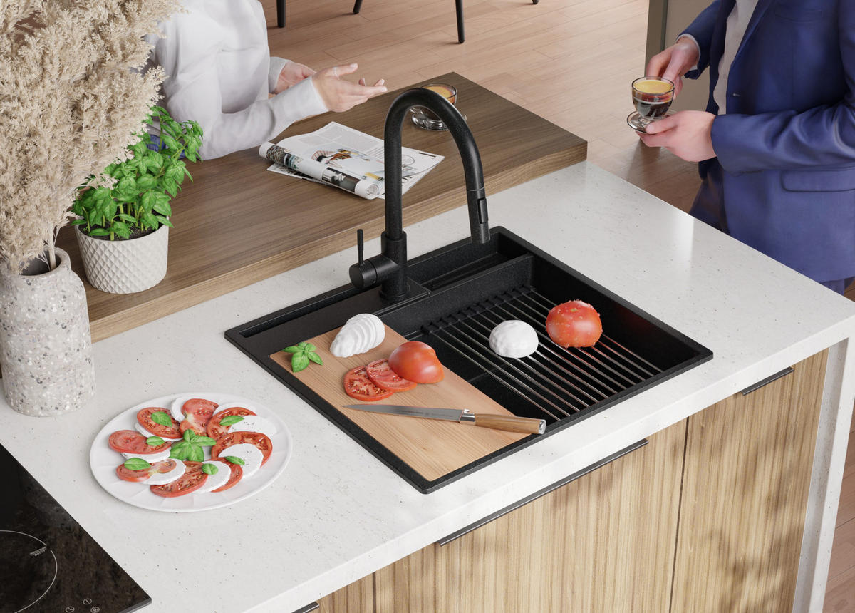 SPÜLBECKEN Oslo Pocket, 2-er set Anthrazit 58/53 cm 1 Becken + Ablauf-Set + Küchenzubehörset ab 60er Unterschrank - Chromfarben/Anthrazit, Kunststoff (58/20/53cm) - Primagran