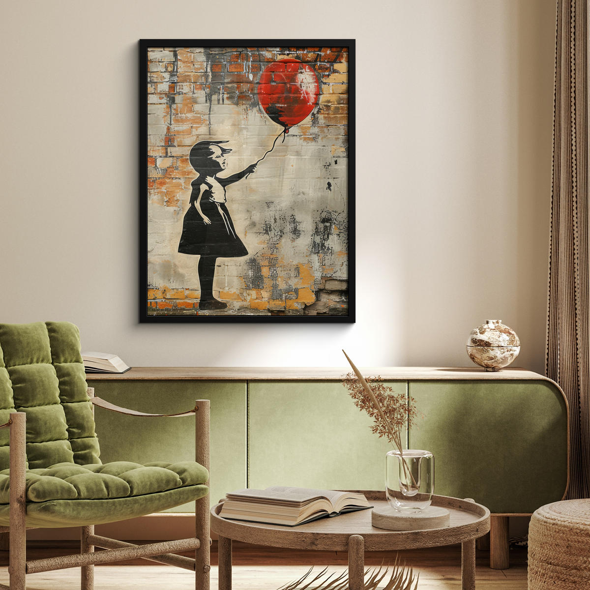 GERAHMTES BILD Graffiti - Banksy - Mädchen - Straßenkunst 60x80 cm - Sandfarben, Papier (60/80cm) - MuchoWow