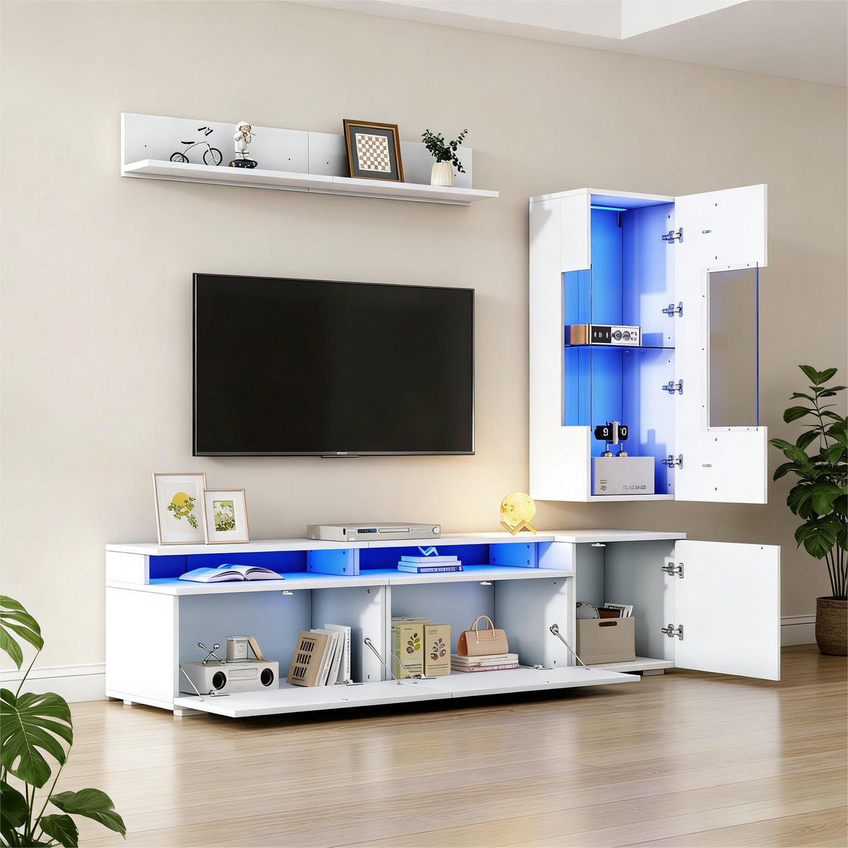WOHNWAND 3-teilig LED Hochglanz Vitrine Weiß - Weiß, Glas (180/45/40cm) - FLIEKS