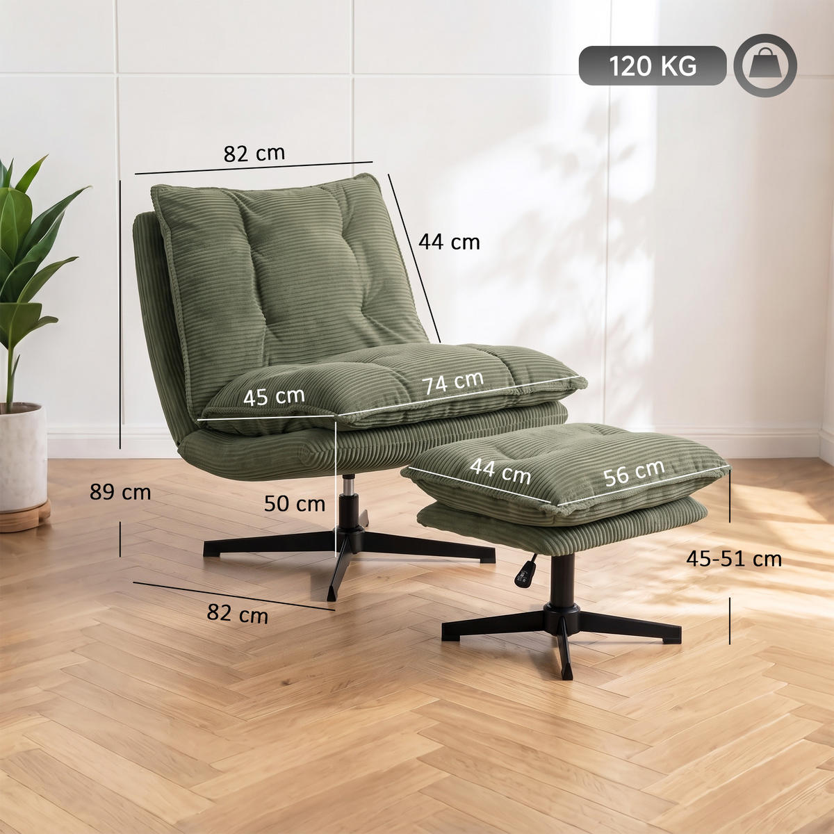LOUNGESESSEL mit Hocker Polyester Grün - Schwarz/Grün, Textil/Metall (74/89/82cm) - HOMCOM