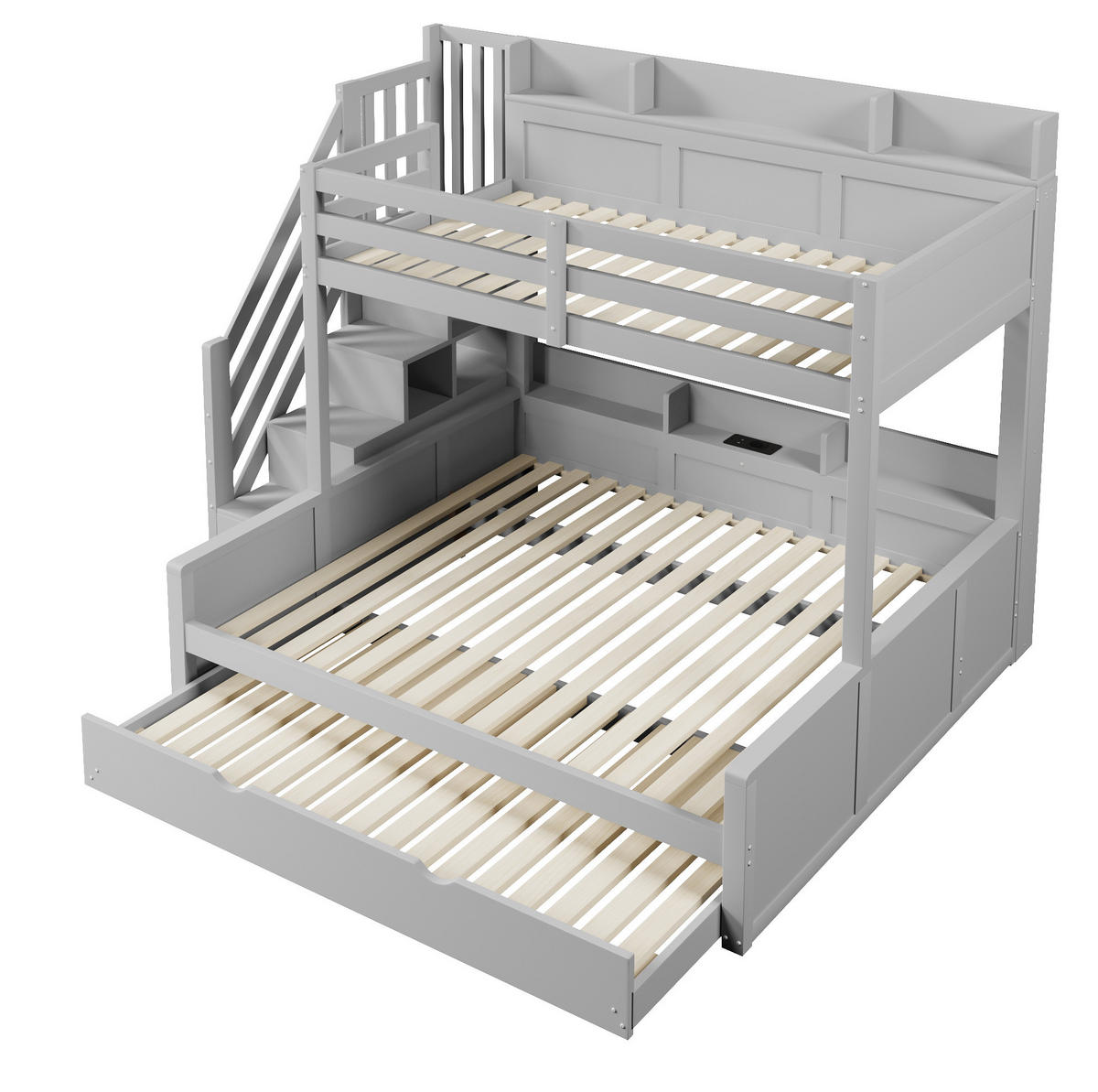ETAGENBETT aus MDF und Kiefer 90x200/140x200 cm Grau mit Ausziehbett, Stauraumtreppe und USB-Anschluss - Grau, Holz (90/200cm) - Modfu