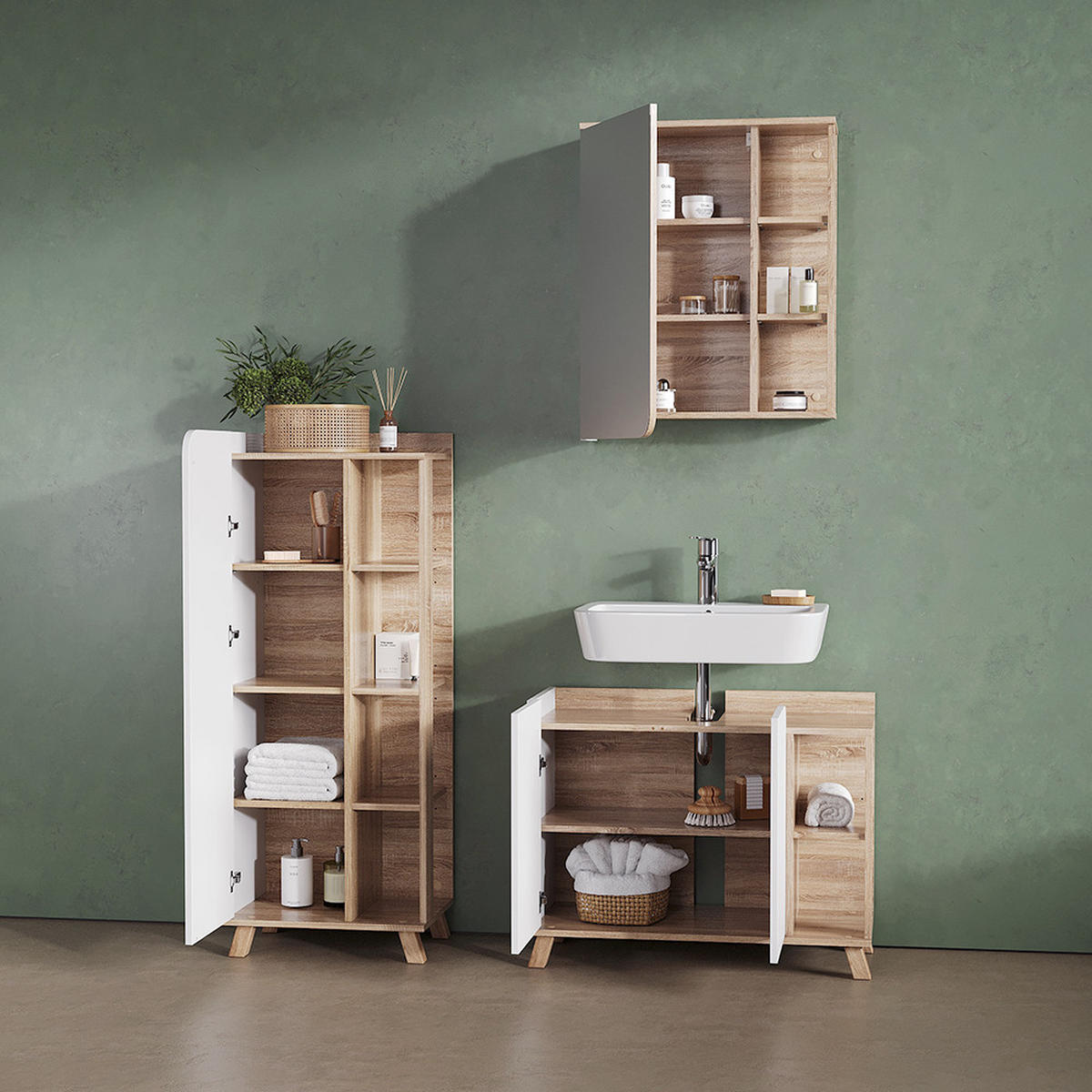 KOMPLET KOPALNIŠKEGA POHIŠTVA Marano, Sonoma/Bela, 3-delni - bela/hrast sonoma, leseni material (80/65/35cm) - Livinity®