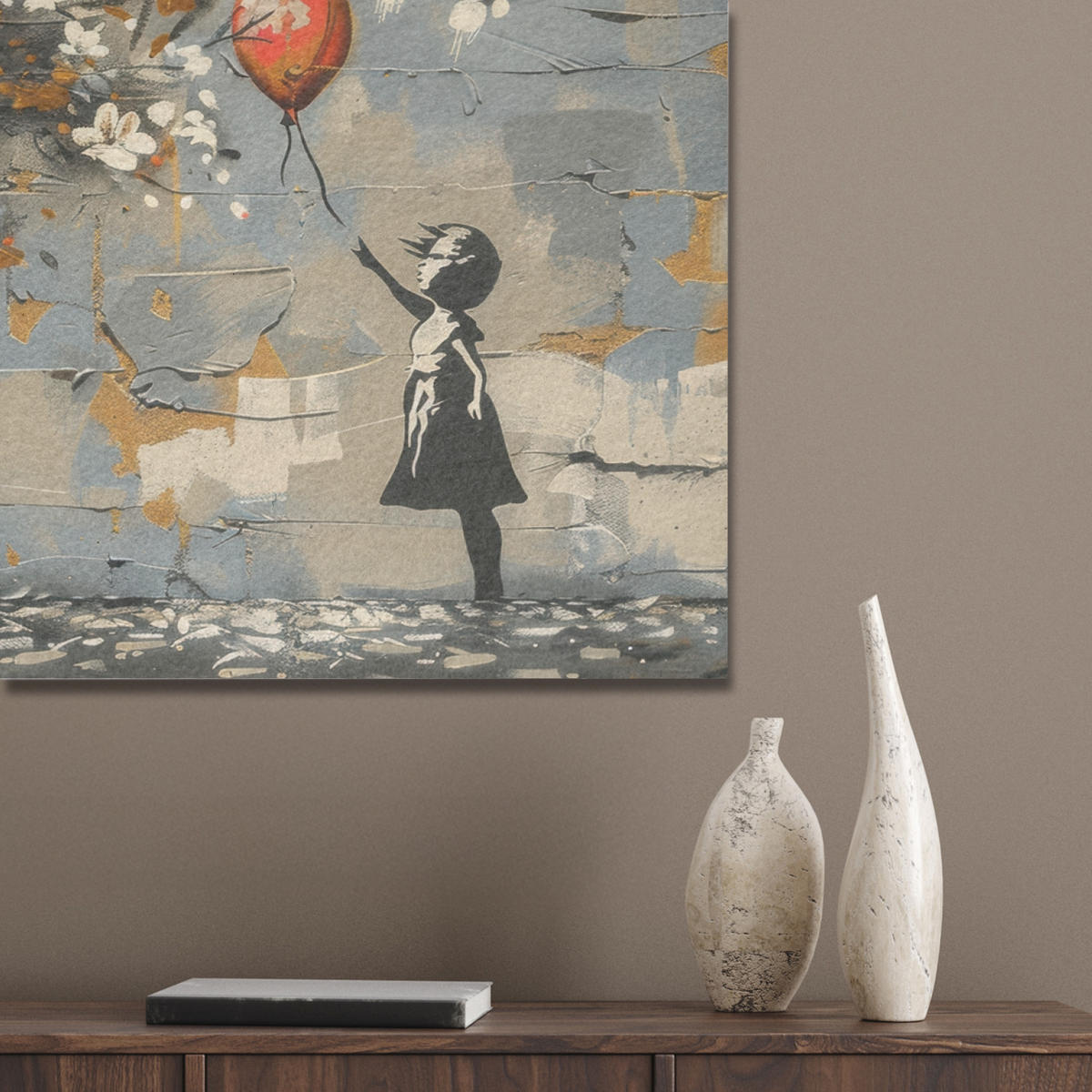 AKUSTIKBILD Baum - Graffiti - Banksy-Stil - Ballon-Mädchen Akustikpaneele 90x60 cm - Blaugrau, Kunststoff (90/60/0.9cm) - MuchoWow
