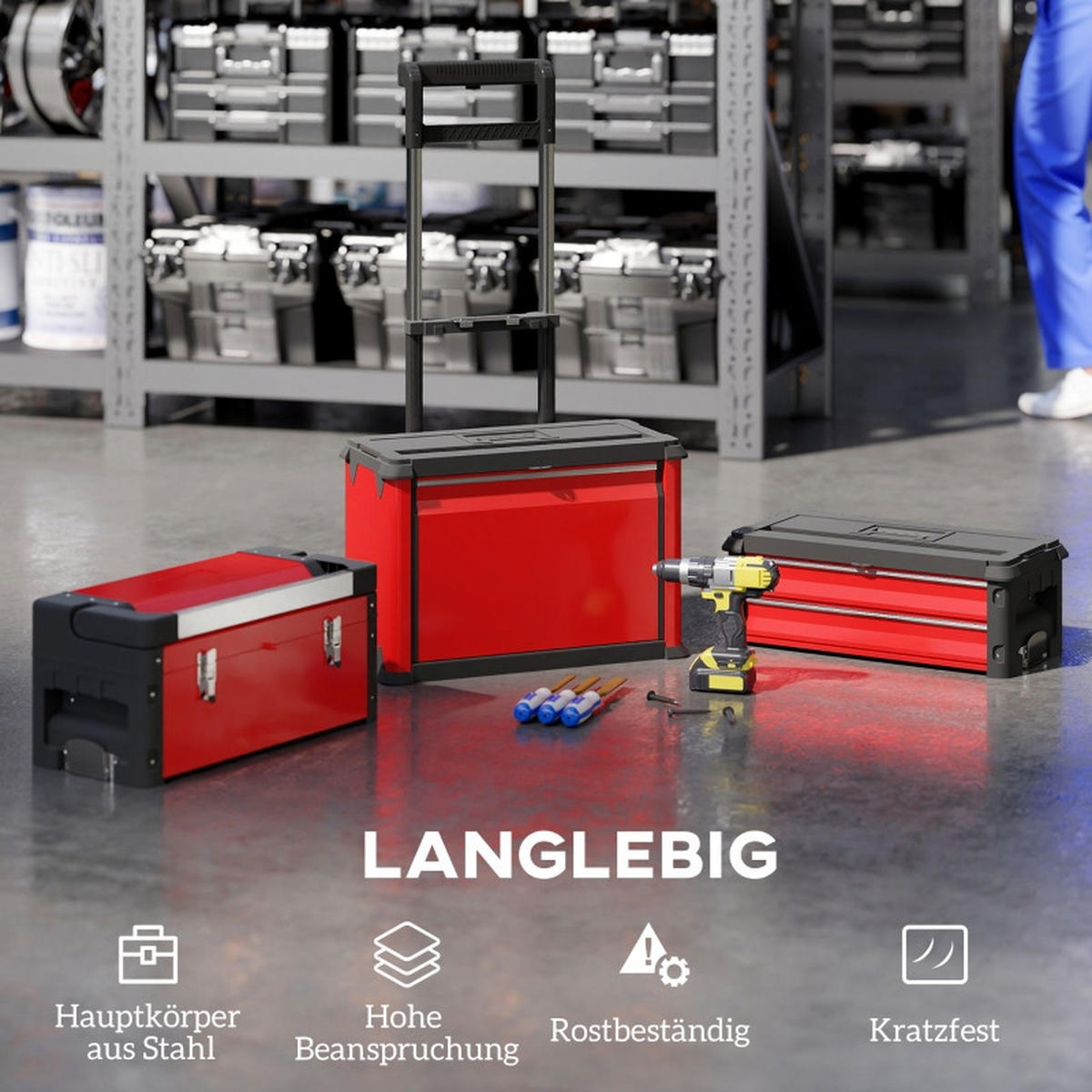 WERKZEUGWAGEN mit 3 modularen Einheiten, stapelbar, Teleskopgriff, Rot - Rot, Kunststoff (32/72/52cm) - Novahome