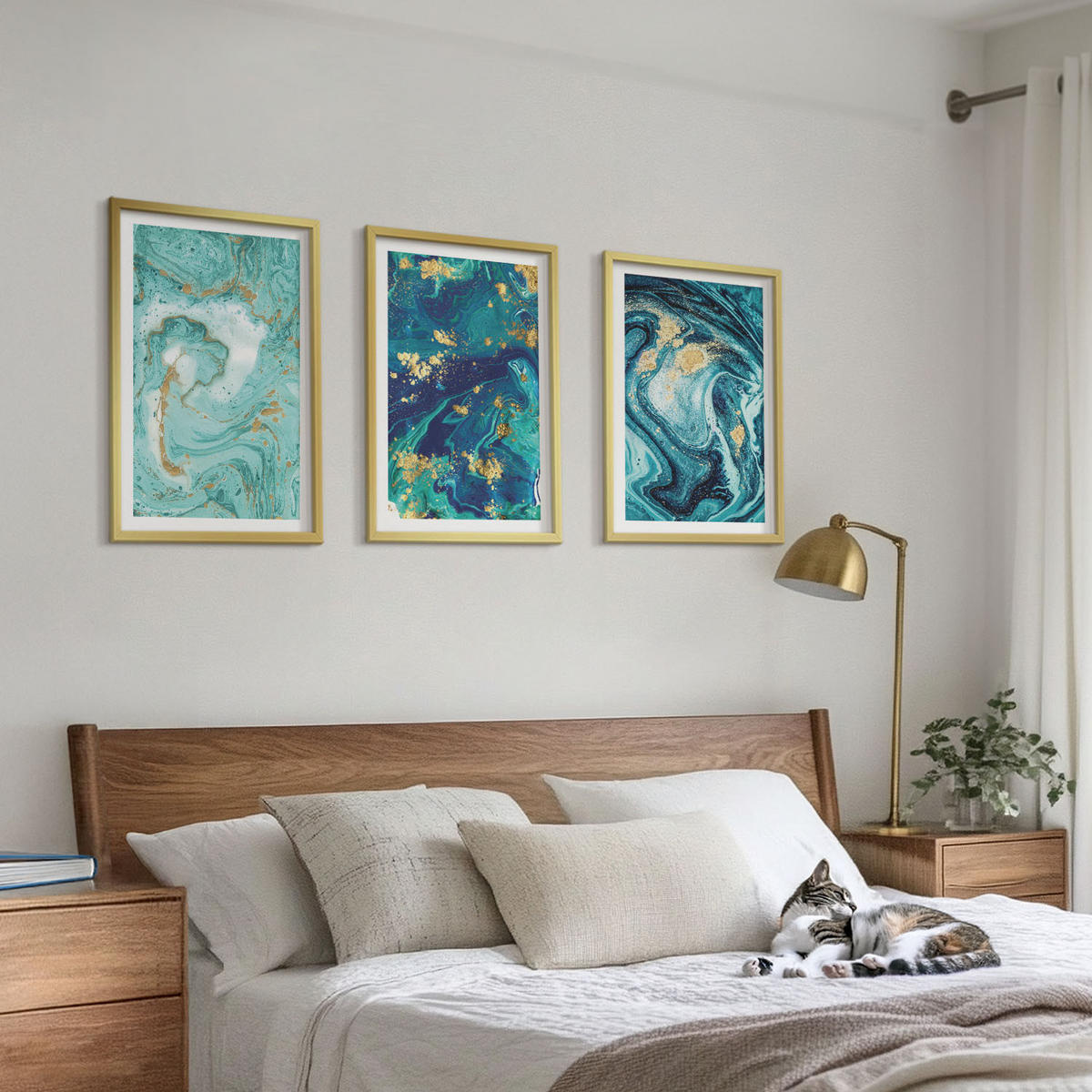 WANDBILDER 3er Set - 40x60 cm Goldrahmen - Abstraktion von Türkisfarbe - Goldfarben, Kunststoff (40/60cm) - ArtPrintCave
