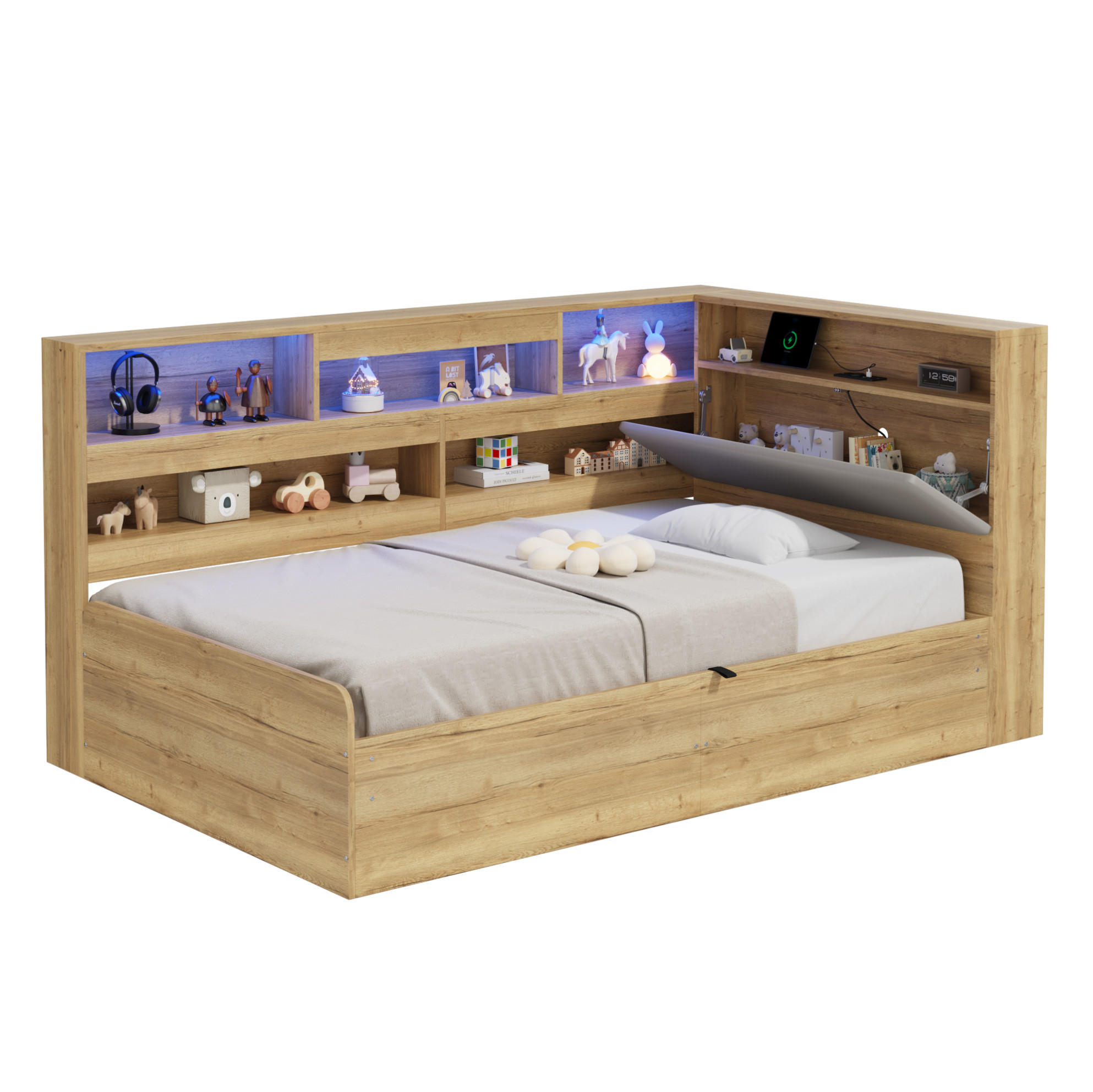 KINDERBETT 90/200 cm aus MDF und PU mit LED-Beleuchtung und USB-Ladestation Naturfarben - Naturfarben, Holzwerkstoff (90/200cm) - Modenvie