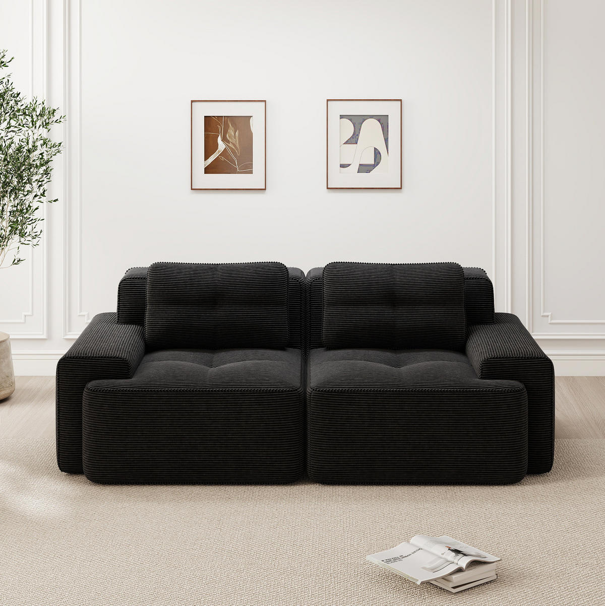 ECKSOFA 204/104/69 cm schwarz aus Cord mit 74 cm Tiefsitz und boneless Design - Schwarz, Textil (104/204cm) - OKWISH