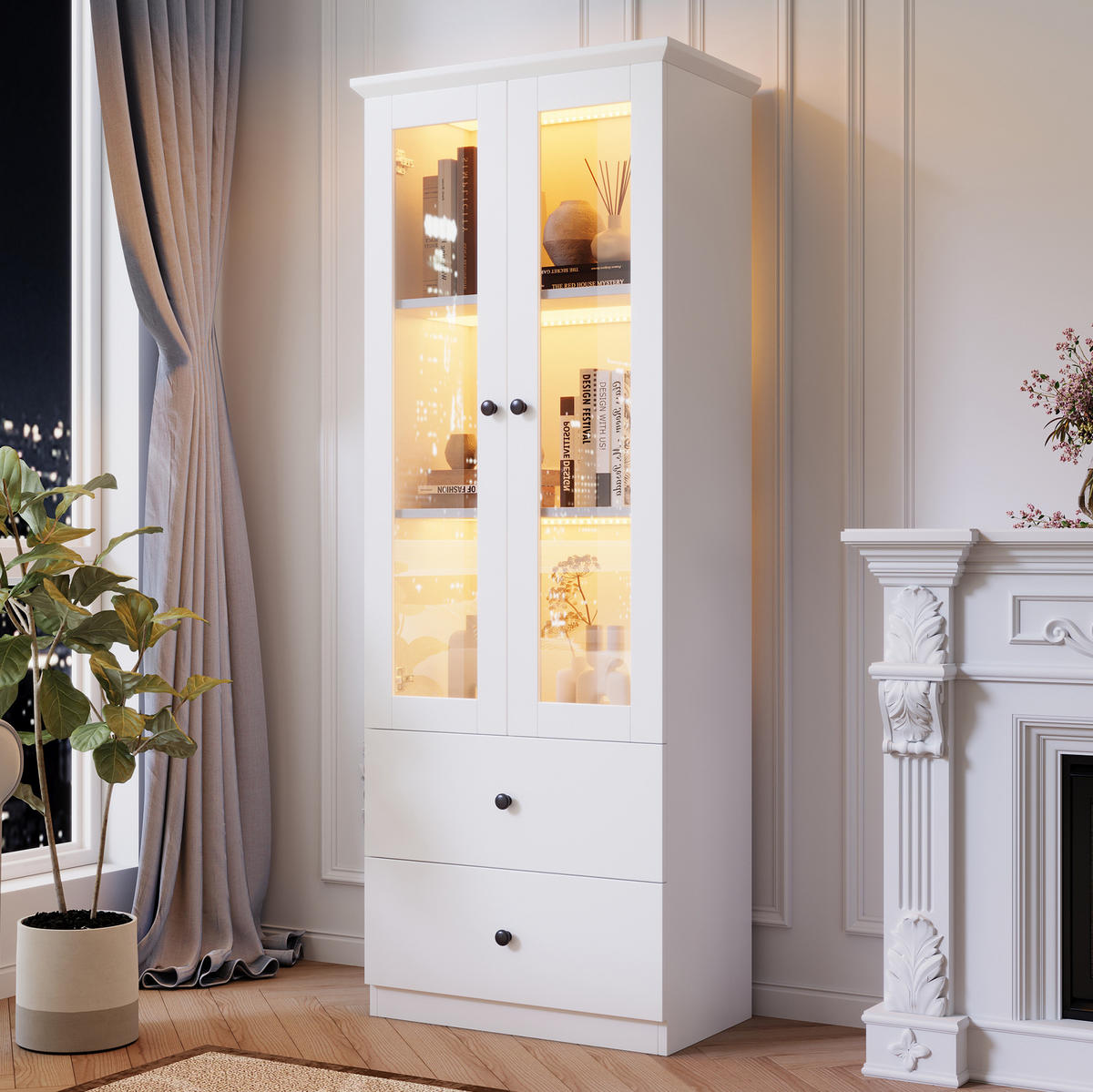 VITRINE 60/35,5/165 cm in Weiß matt mit LED-Beleuchtung und 2 Schubladen - Weiß, Holzwerkstoff (60/165/35.5cm) - Flora Grace