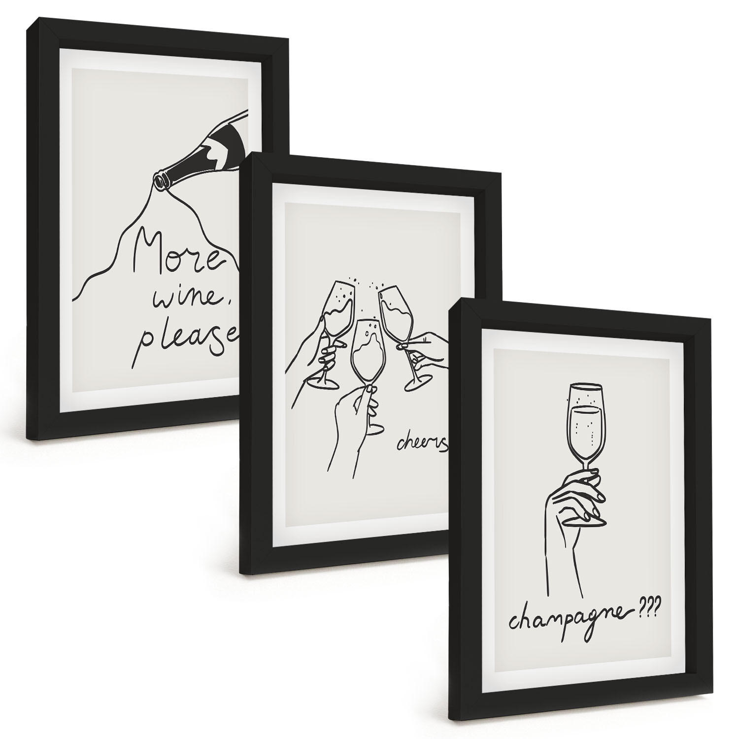 BILDER SET 3er Set - 20x30 cm Schwarzer Rahmen - Champagner-Wein-Linienzeichnung - Schwarz, Kunststoff (20/30cm) - TULUP