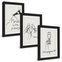 BILDER SET 3er Set - 20x30 cm Schwarzer Rahmen - Champagner-Wein-Linienzeichnung - Schwarz, Kunststoff (20/30cm) - TULUP
