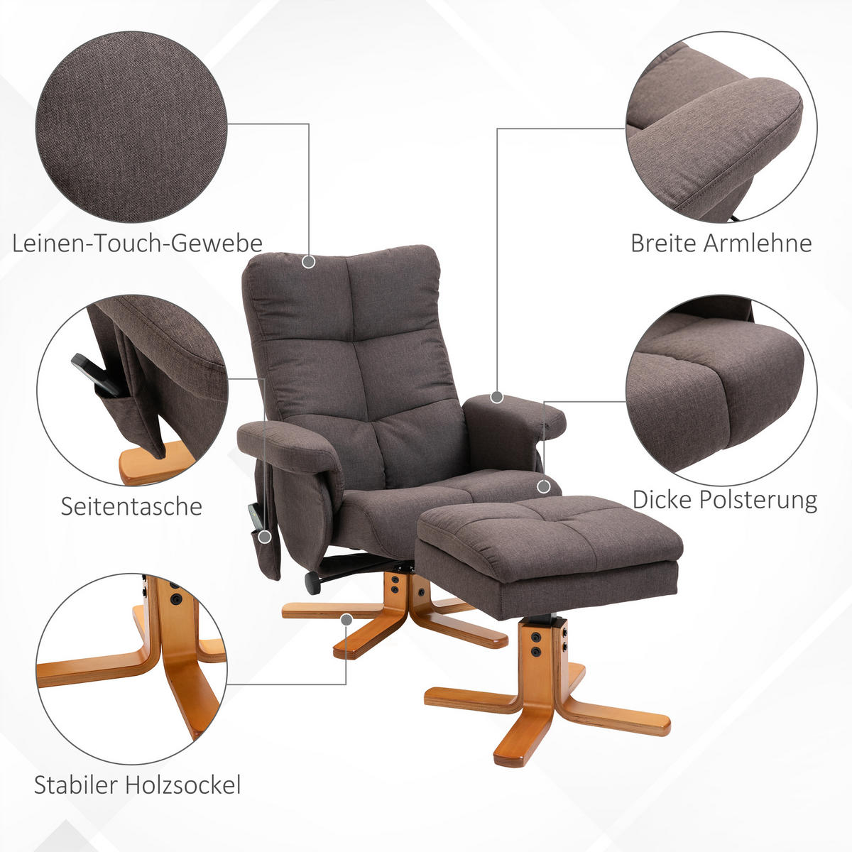 RELAXSESSEL Massagesessel mit Fußhocker Liegefunktion Polyester Braun - Anthrazit/Braun, Holz/Textil (86/99/80cm) - HOMCOM