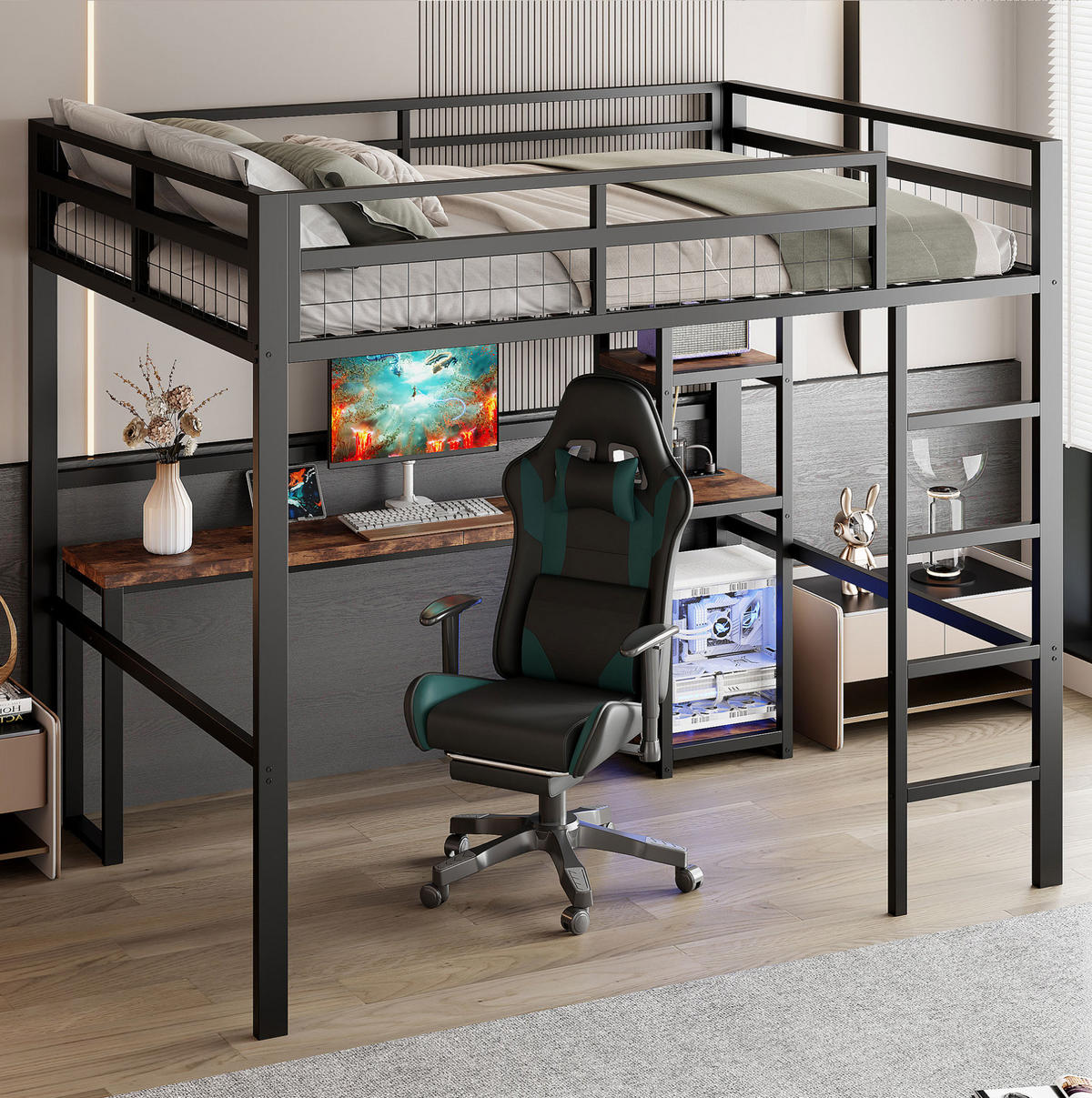 HOCHBETT 140/200 cm Schwarz mit Schreibtisch und USB-Anschluss mit Matratze - Schwarz, Metall (140/200cm) - OKWISH