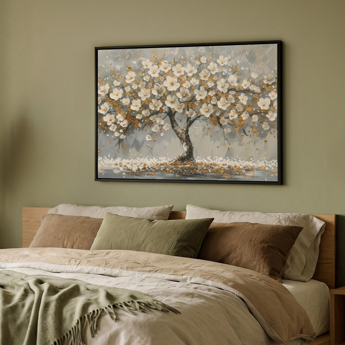 LEINWAND Bilder mit Rahmen - Baum - Blumen - Weiß - Natur - Kunst - 100x70 - Weiß, Textil (100/70cm) - MuchoWow